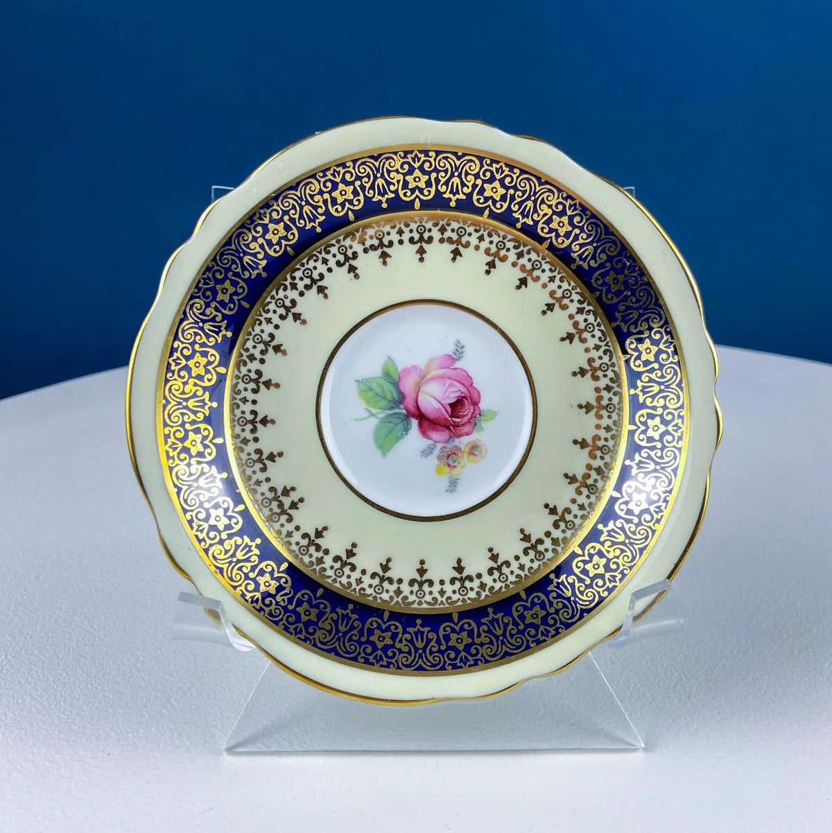 Vintage Paragon Cup and Saucer | Porcelain Tea Set | Lt Yellow with Dark Blue and Gold Bend | Collectors & Hosts