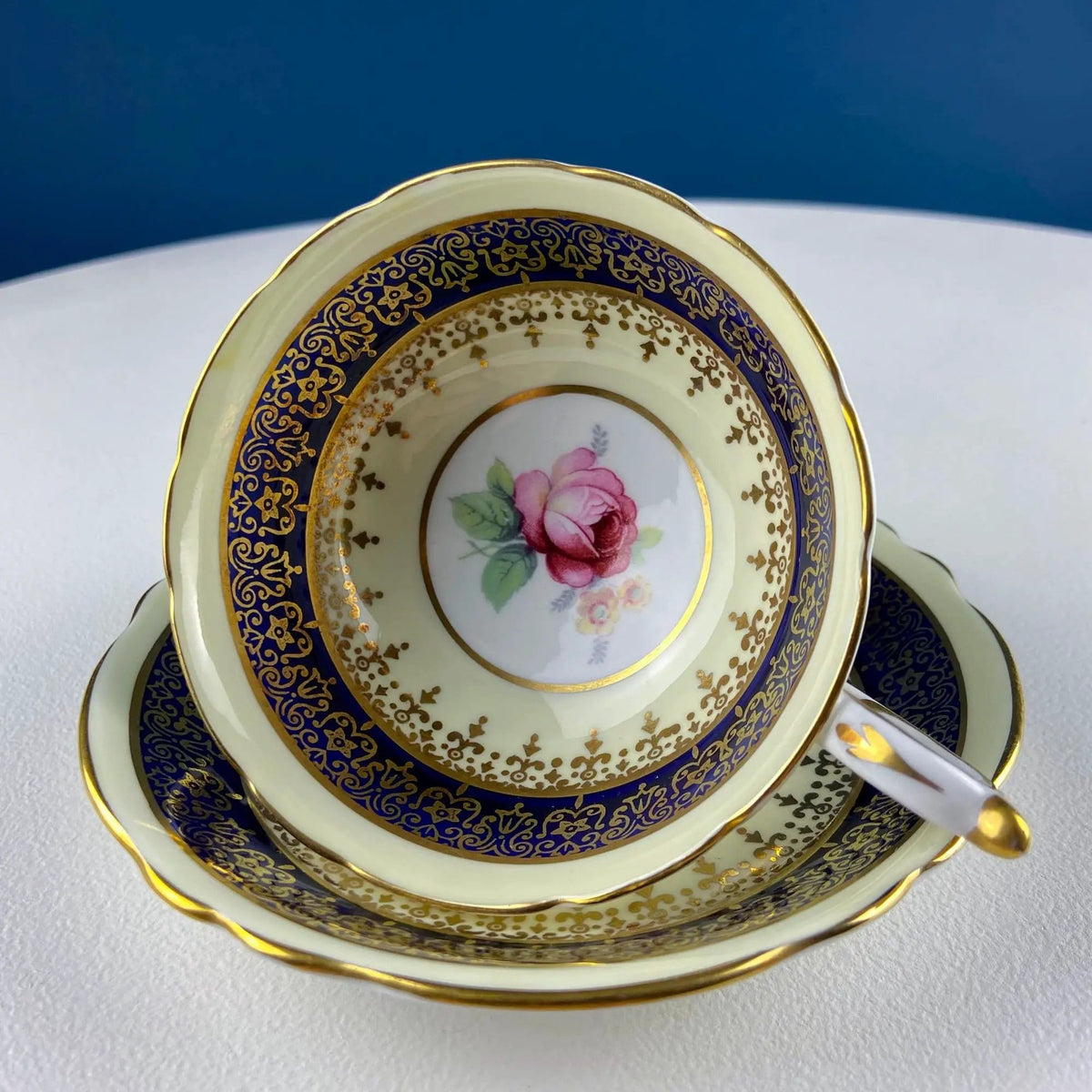 Vintage Paragon Cup and Saucer | Porcelain Tea Set | Lt Yellow with Dark Blue and Gold Bend | Collectors & Hosts