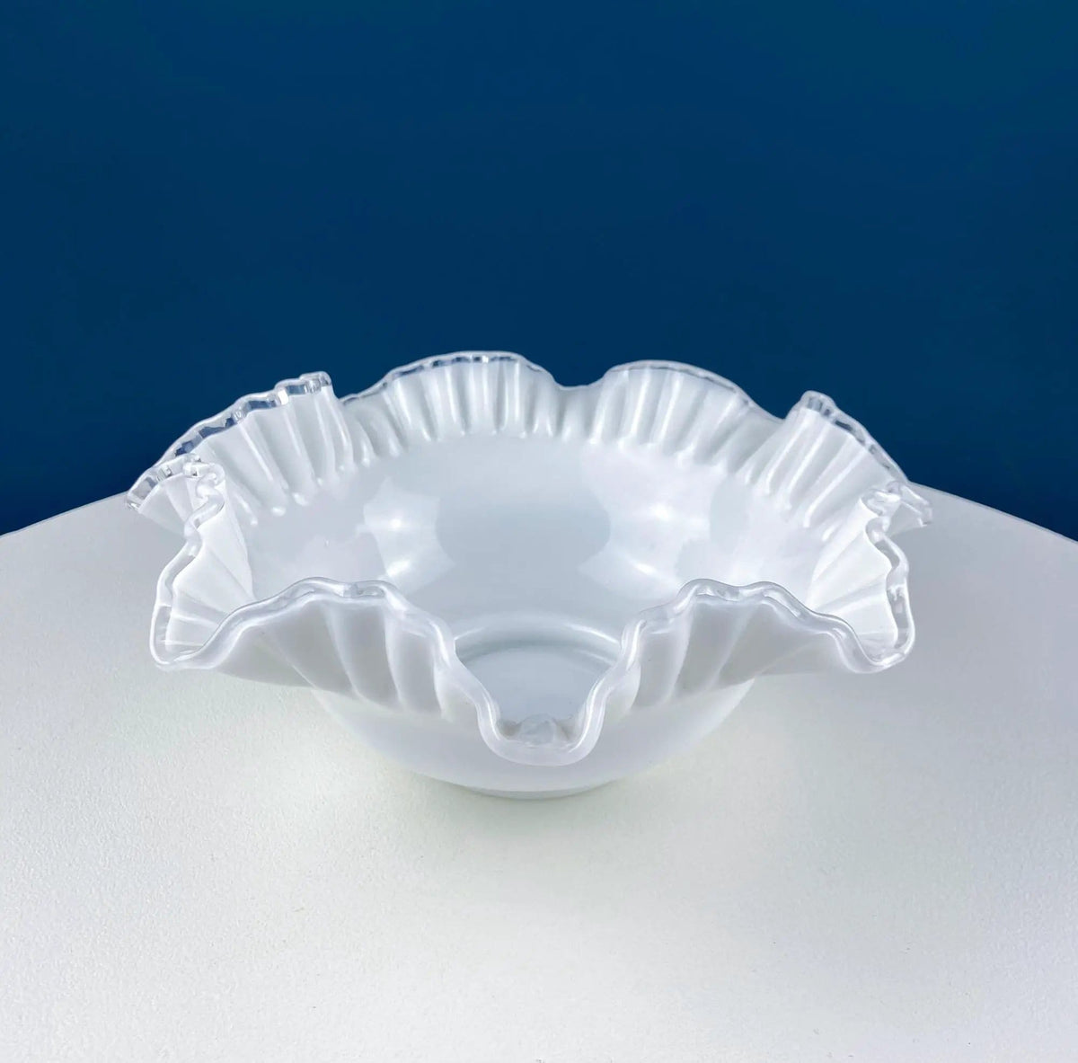 Large Silvercrest Bowl with Ruffled Edge | White Glass Fruit Bowl or Serving Dish with Clear Brim | Table Centerpiece | Collectors & Hosts