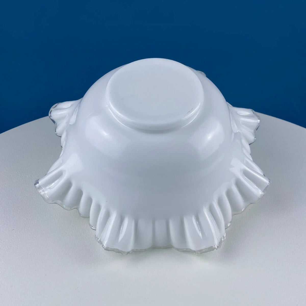 Large Silvercrest Bowl with Ruffled Edge | White Glass Fruit Bowl or Serving Dish with Clear Brim | Table Centerpiece | Collectors & Hosts