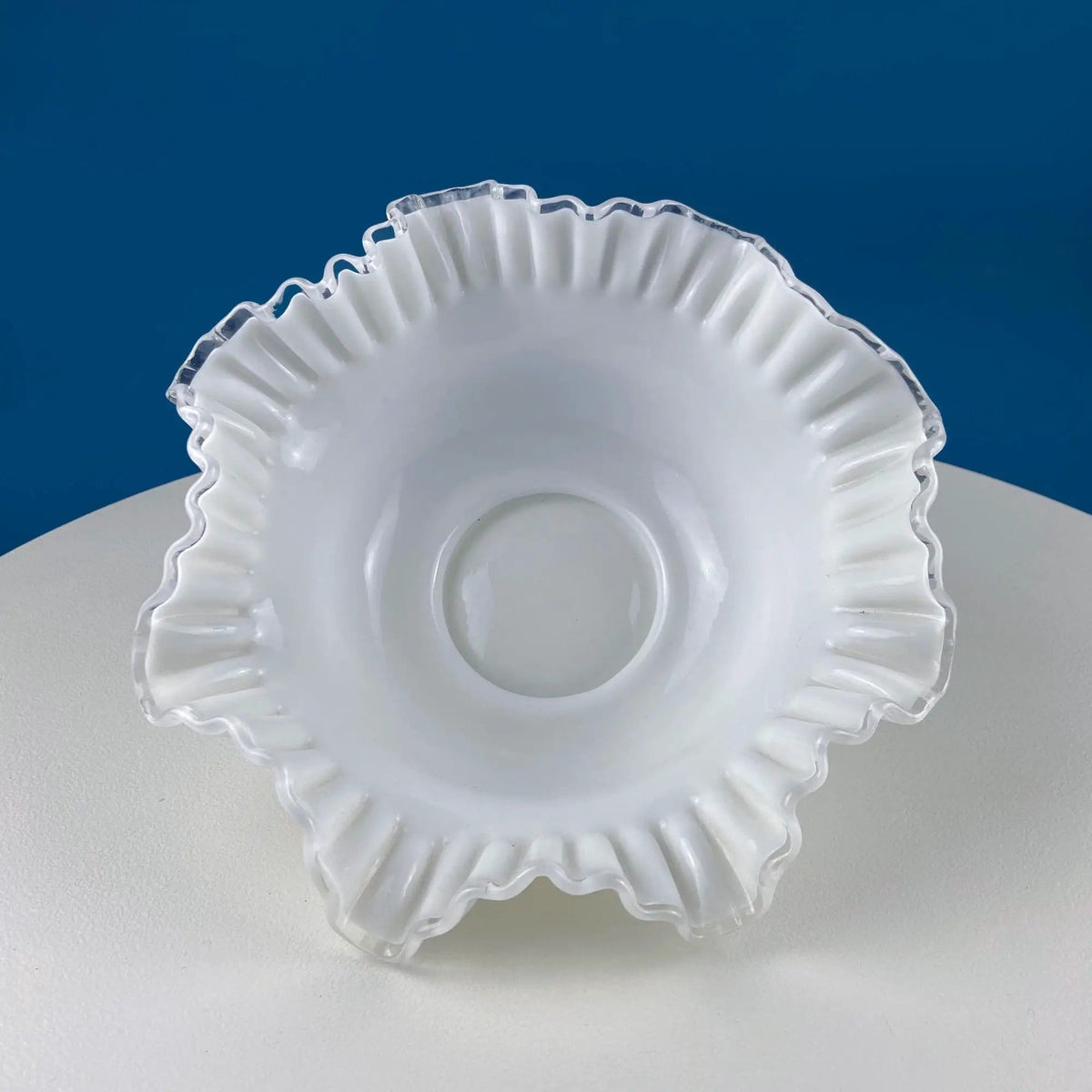 Large Silvercrest Bowl with Ruffled Edge | White Glass Fruit Bowl or Serving Dish with Clear Brim | Table Centerpiece | Collectors & Hosts