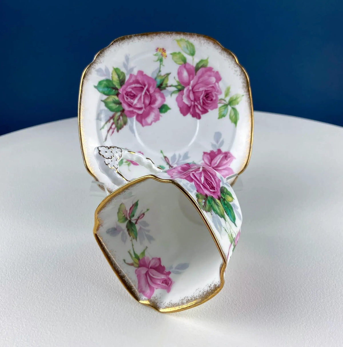 Square Tea Cup | Berkeley Rose Pattern | Pink Floral Handle