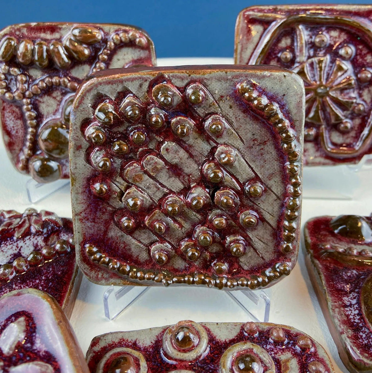 Set of 7 Handmade 3D High Gloss Art Tiles | Dark Red Translucent Glaze | Water Creatures Formations Flora | Gift for Artist