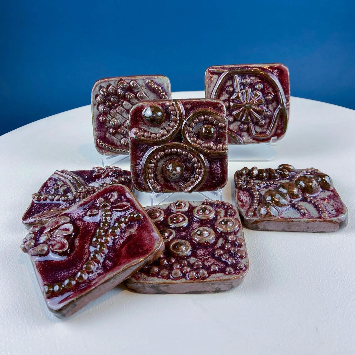 Set of 7 Handmade 3D High Gloss Art Tiles | Dark Red Translucent Glaze | Water Creatures Formations Flora | Gift for Artist