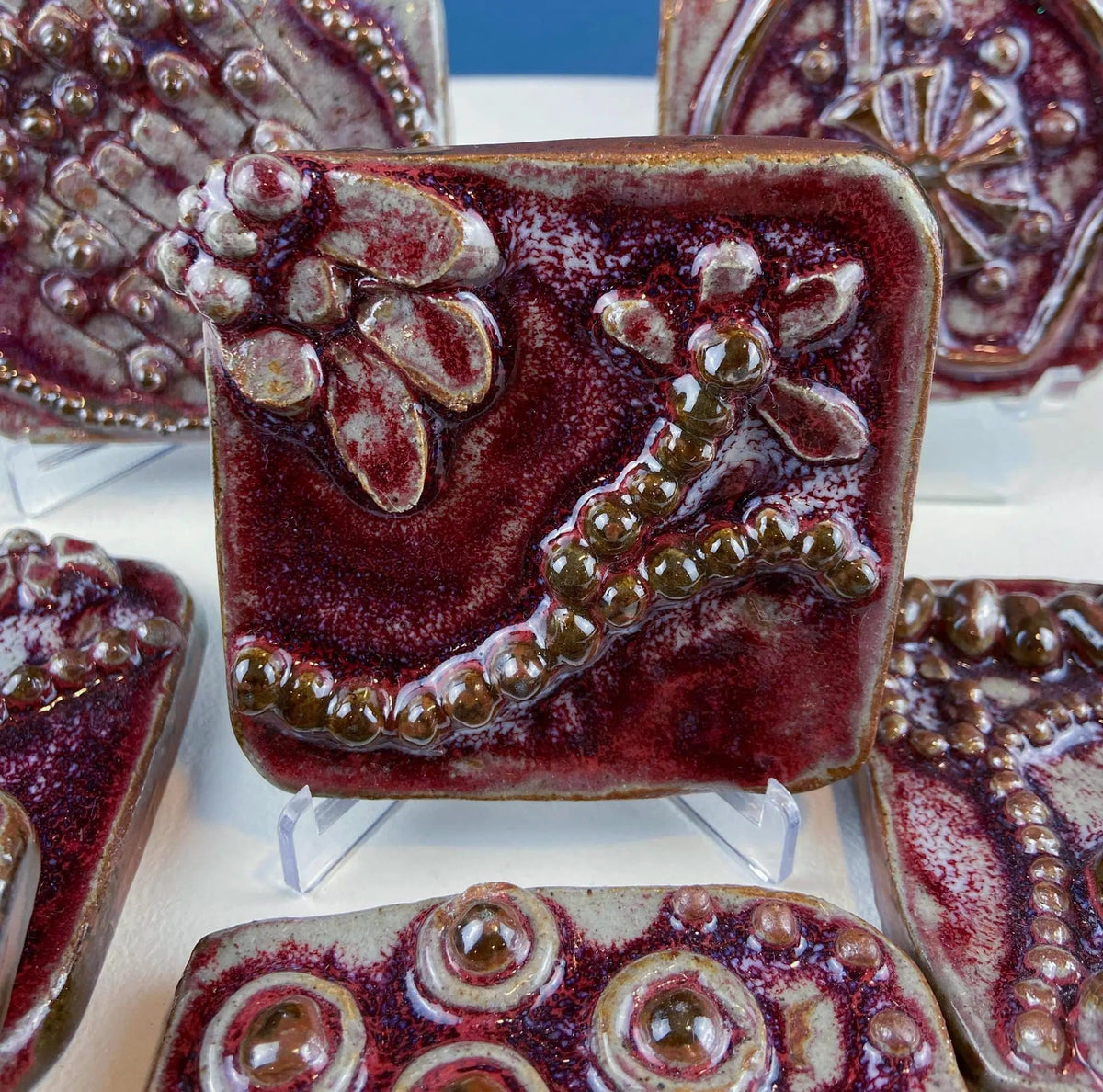 Set of 7 Handmade 3D High Gloss Art Tiles | Dark Red Translucent Glaze | Water Creatures Formations Flora | Gift for Artist