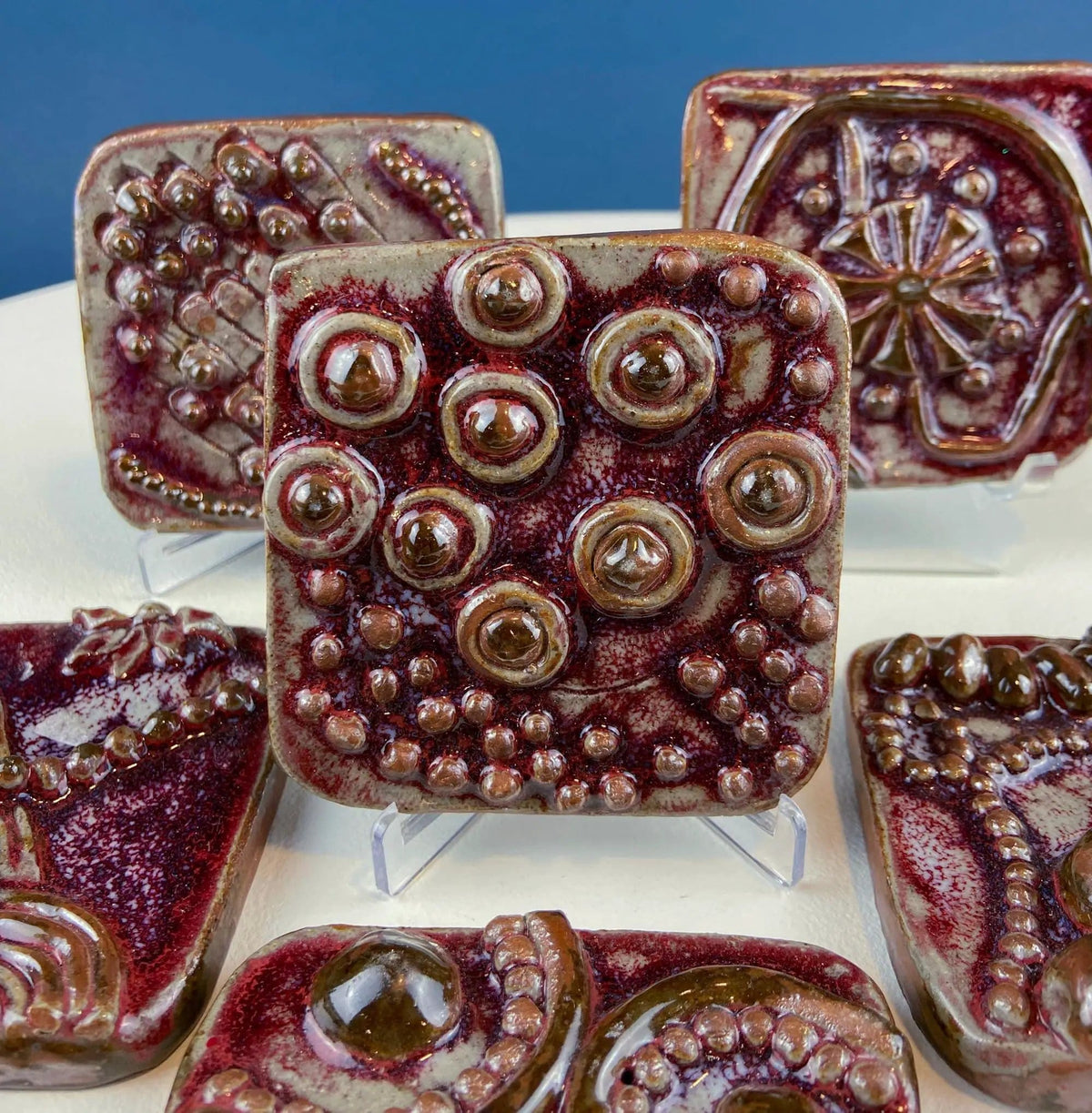 Set of 7 Handmade 3D High Gloss Art Tiles | Dark Red Translucent Glaze | Water Creatures Formations Flora | Gift for Artist