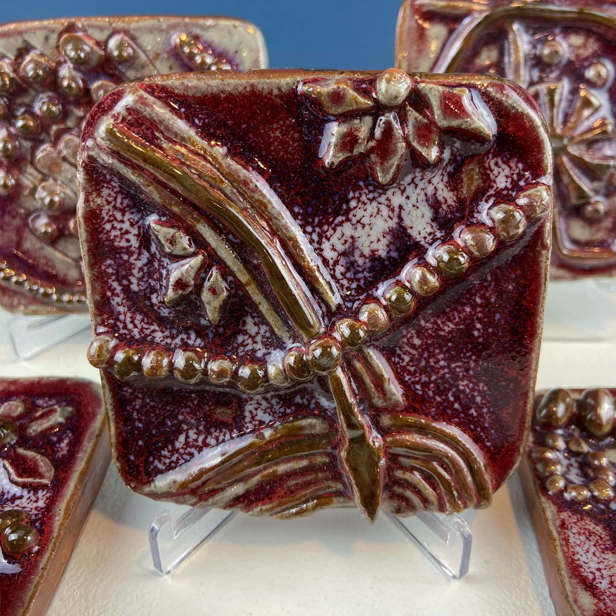 Set of 7 Handmade 3D High Gloss Art Tiles | Dark Red Translucent Glaze | Water Creatures Formations Flora | Gift for Artist