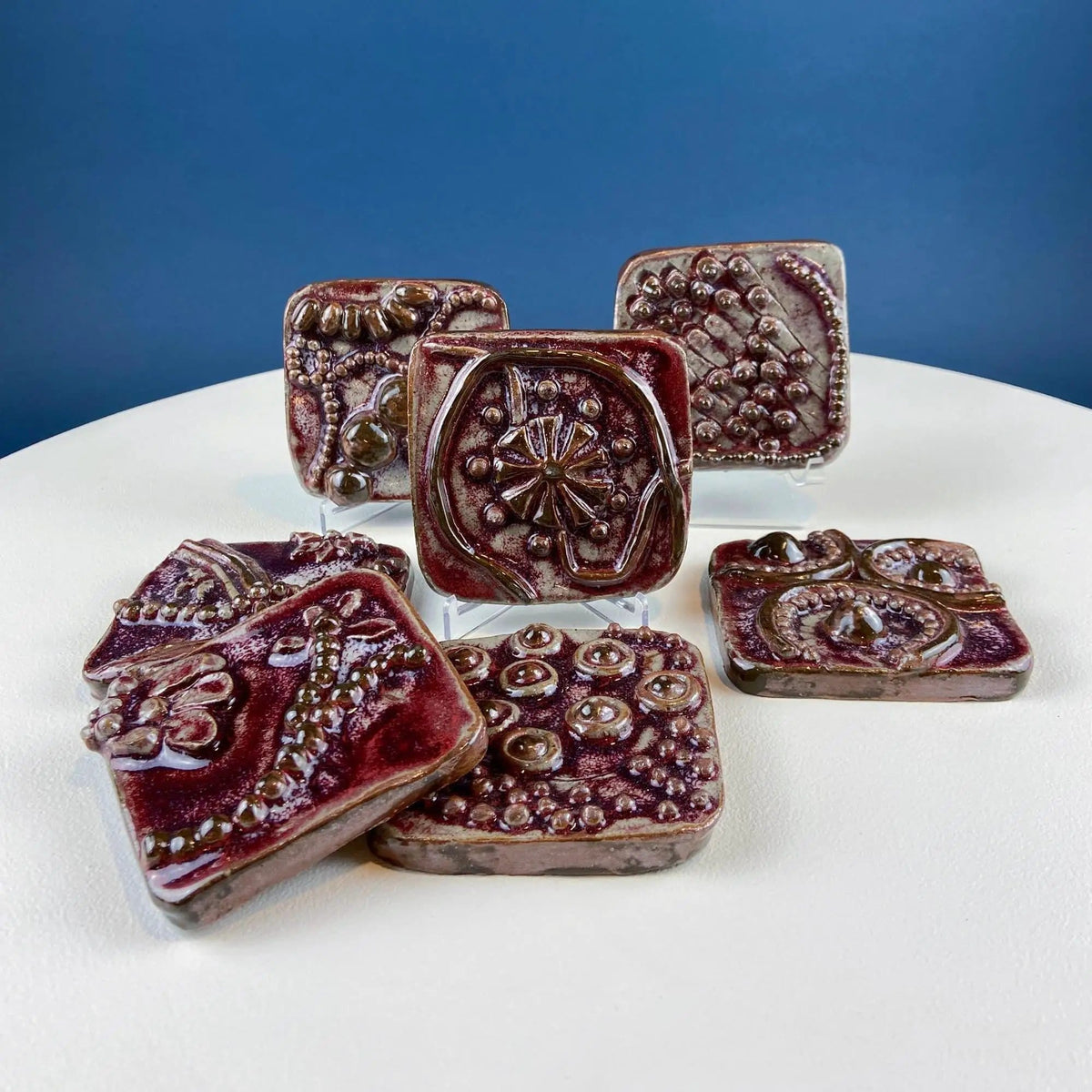 Set of 7 Handmade 3D High Gloss Art Tiles | Dark Red Translucent Glaze | Water Creatures Formations Flora | Gift for Artist