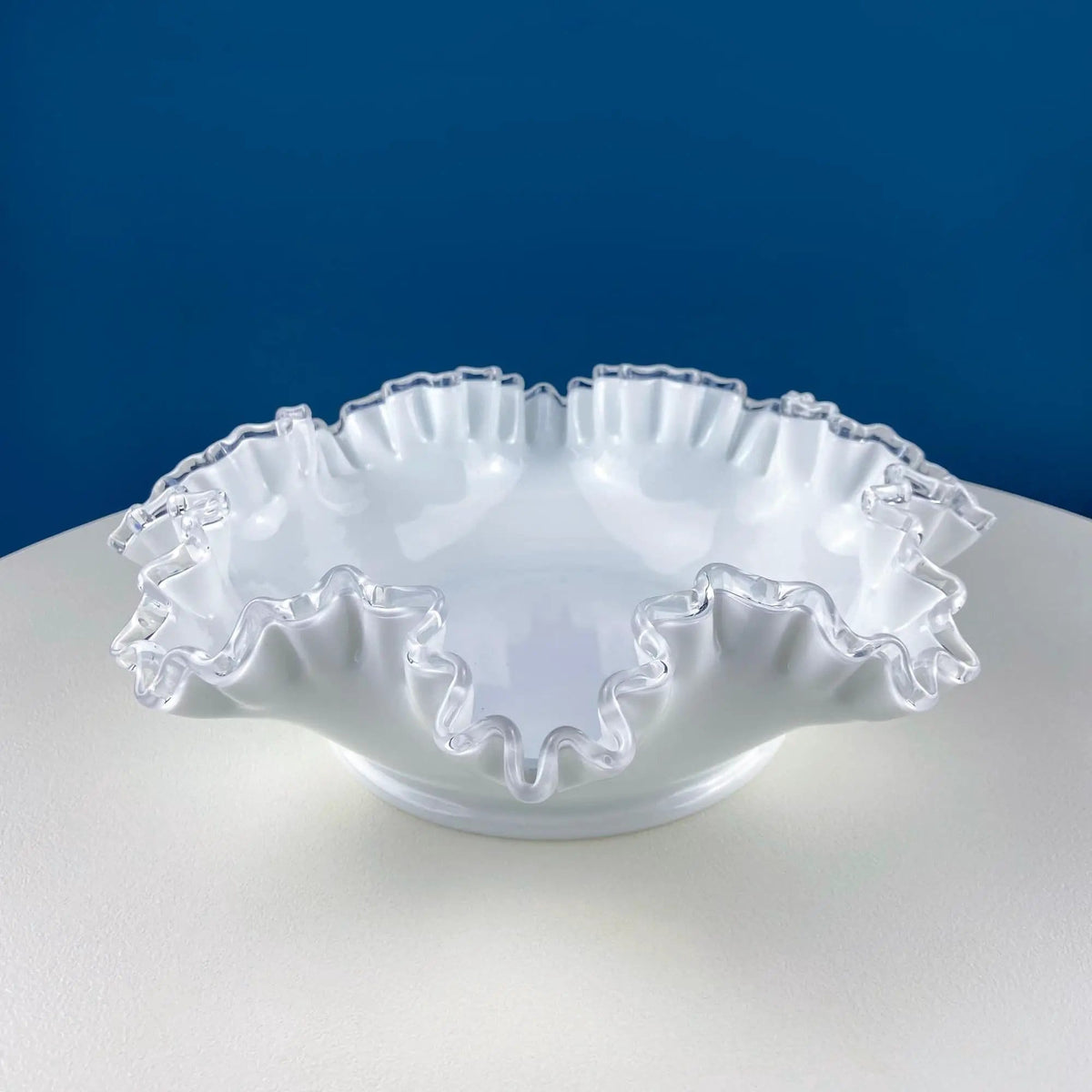 Large Silvercrest Bowl with Ruffled Edge | White Glass Fruit Bowl or Serving Dish with Clear Brim | Table Centerpiece | Collectors & Hosts