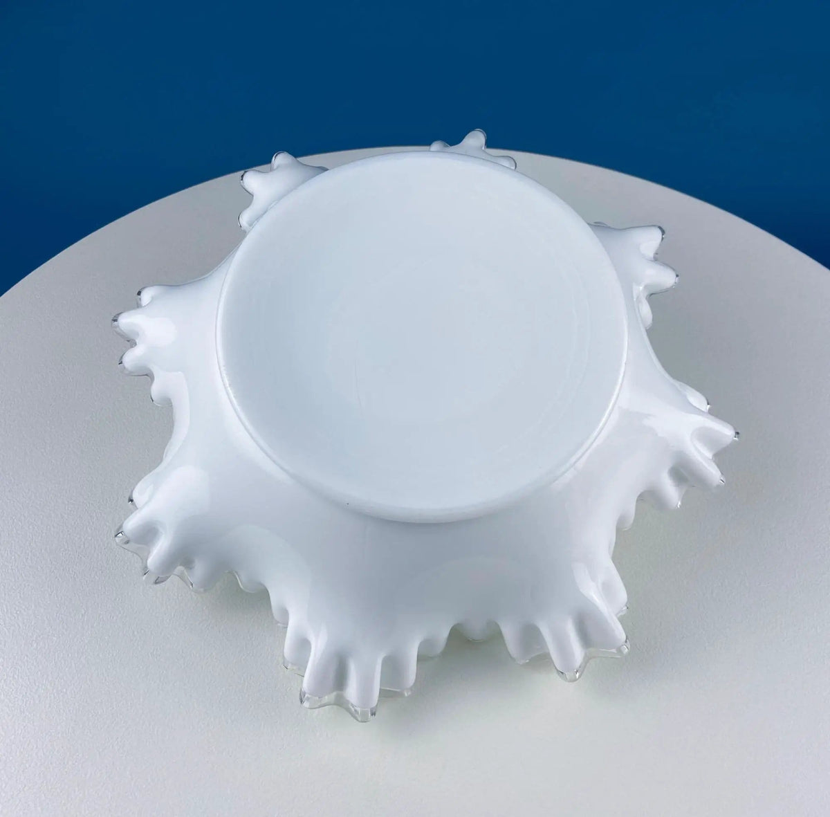 Large Silvercrest Bowl with Ruffled Edge | White Glass Fruit Bowl or Serving Dish with Clear Brim | Table Centerpiece | Collectors & Hosts
