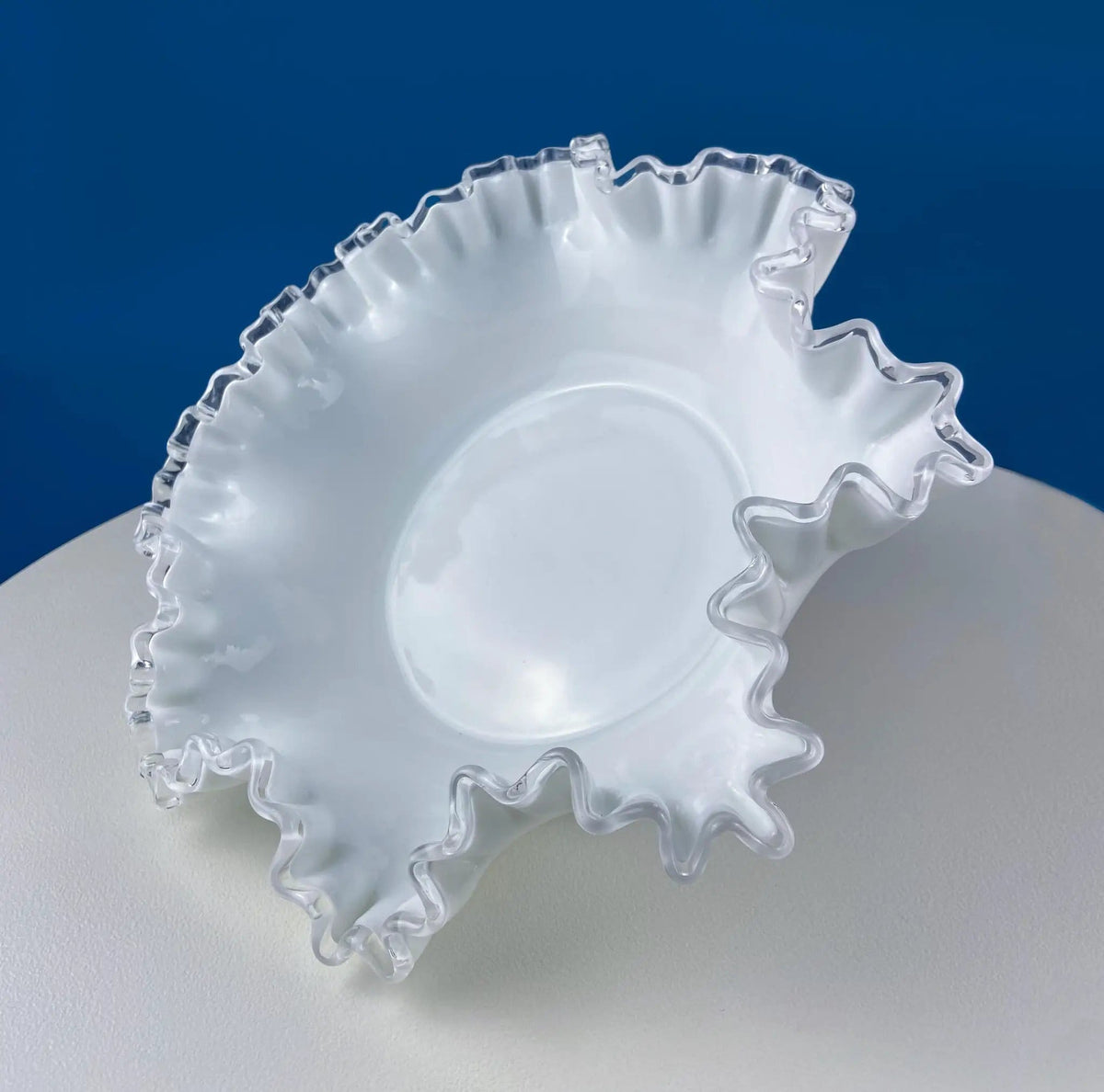 Large Silvercrest Bowl with Ruffled Edge | White Glass Fruit Bowl or Serving Dish with Clear Brim | Table Centerpiece | Collectors & Hosts