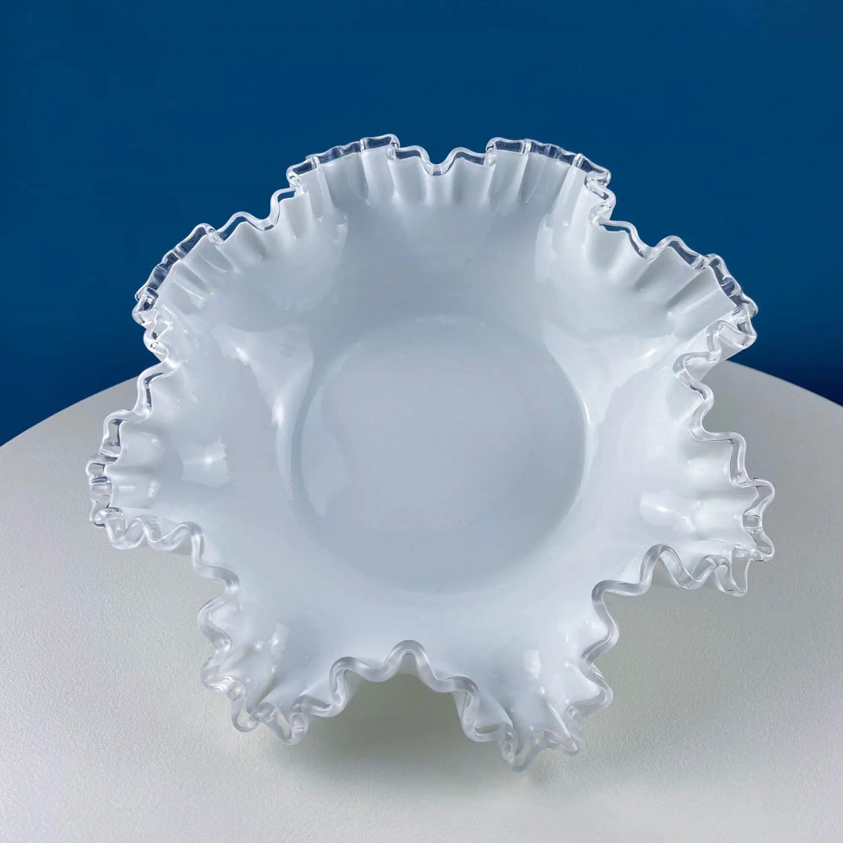Large Silvercrest Bowl with Ruffled Edge | White Glass Fruit Bowl or Serving Dish with Clear Brim | Table Centerpiece | Collectors & Hosts