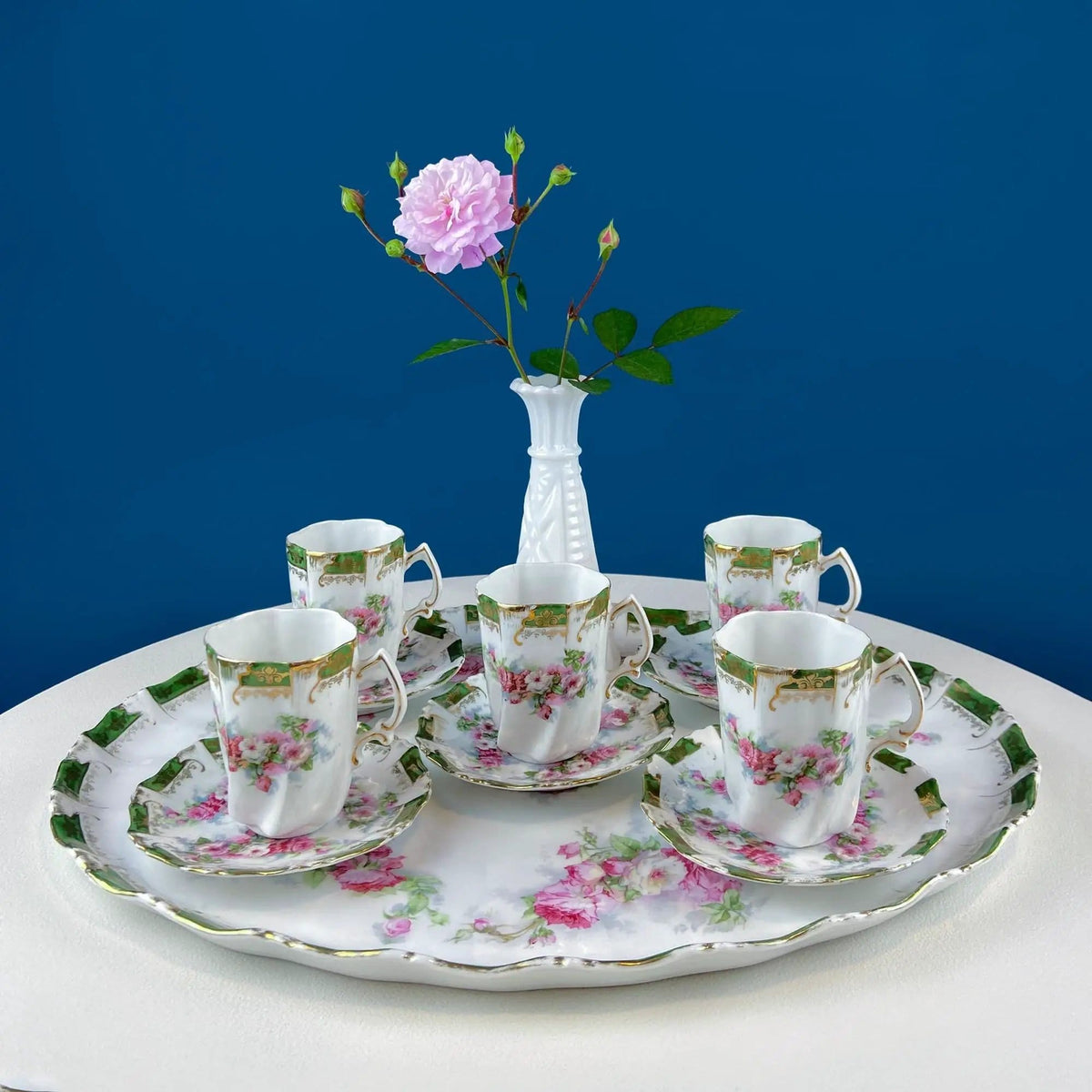 Antique Hot Chocolate or Coco Serving Set | Wild Roses Motif | Oval Hand-Painted Tray & Five Matching Cups | Gift for Mom