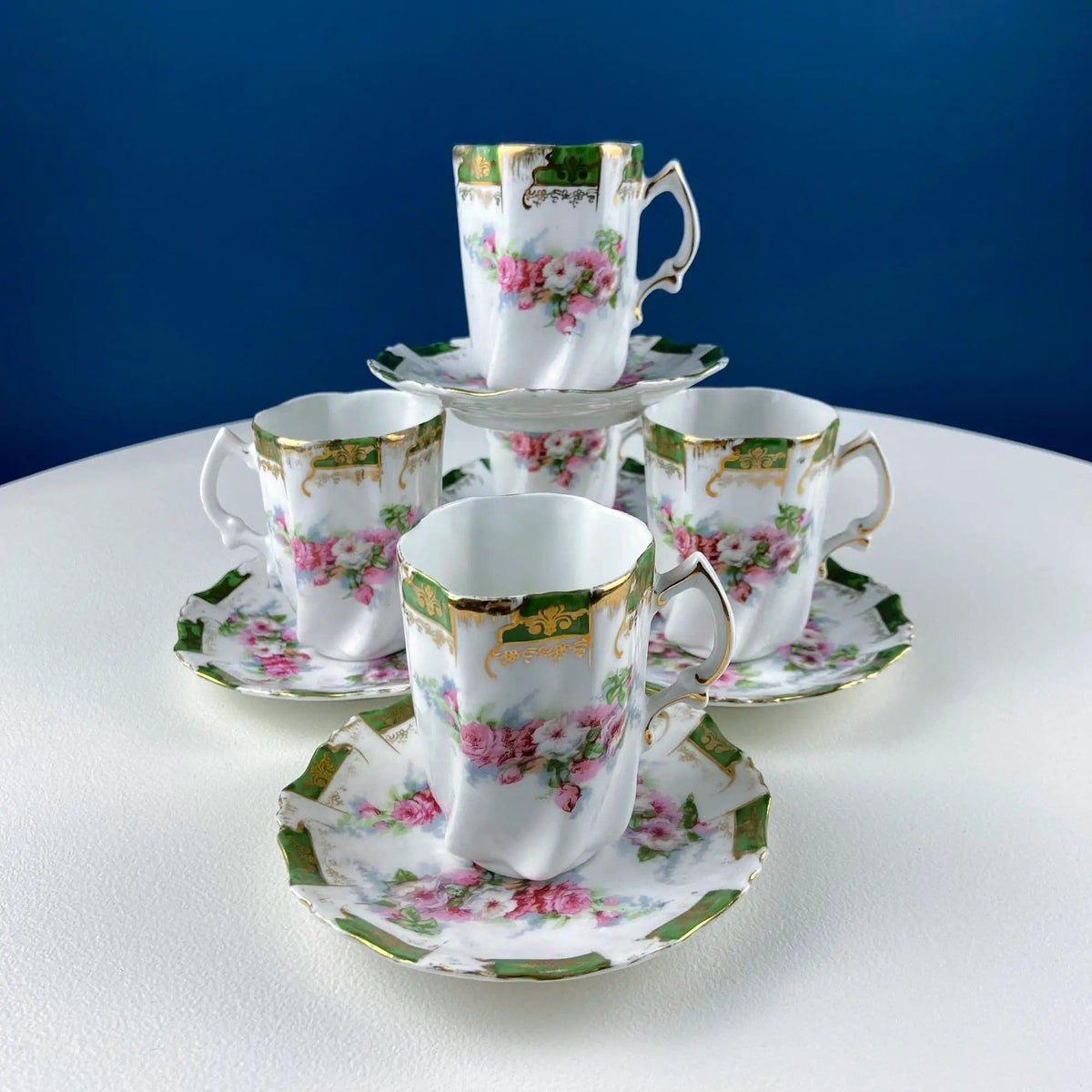 Antique Hot Chocolate or Coco Serving Set | Wild Roses Motif | Oval Hand-Painted Tray & Five Matching Cups | Gift for Mom