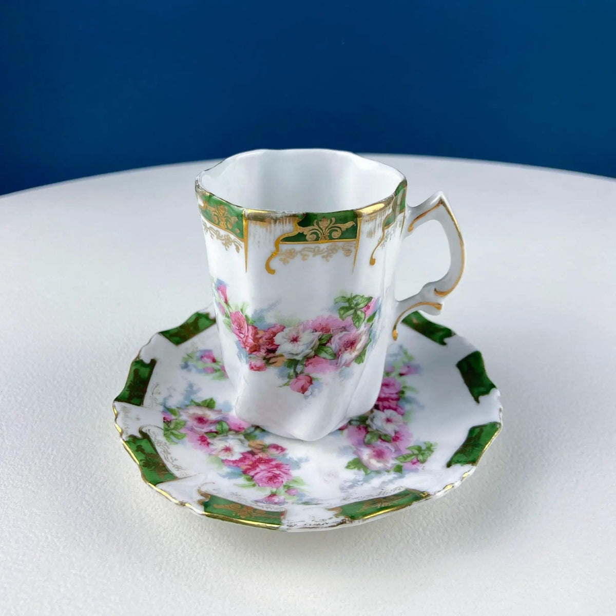 Antique Hot Chocolate or Coco Serving Set | Wild Roses Motif | Oval Hand-Painted Tray & Five Matching Cups | Gift for Mom