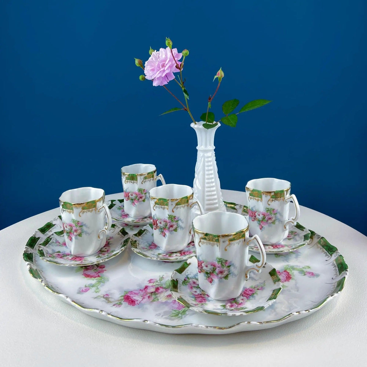 Antique Hot Chocolate or Coco Serving Set | Wild Roses Motif | Oval Hand-Painted Tray & Five Matching Cups | Gift for Mom