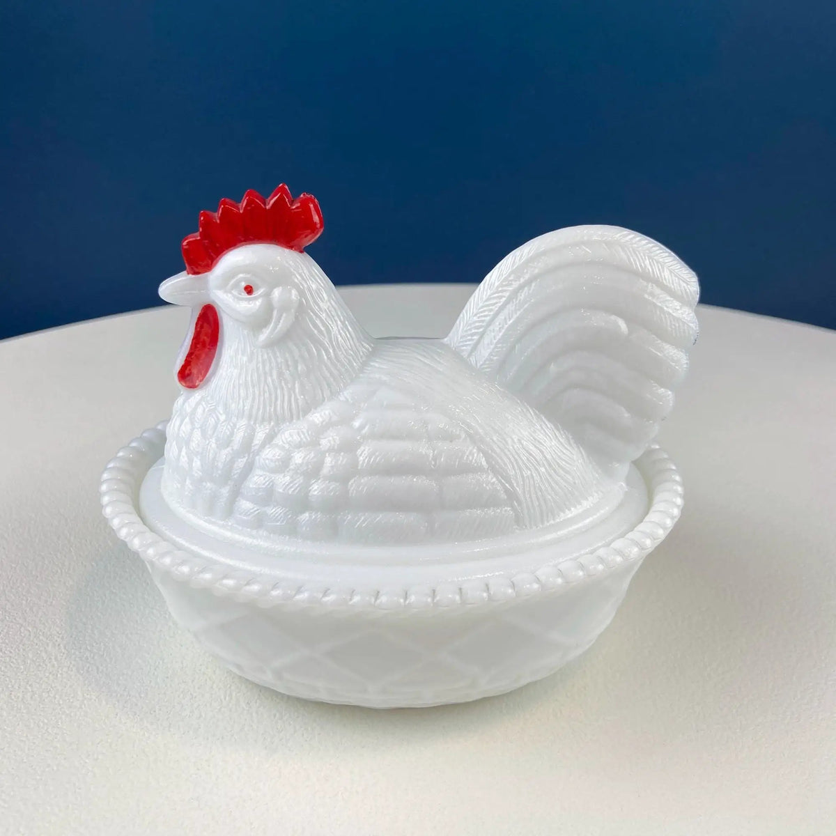 Milk Glass Rooster Covered Bowl | Lidded Butter Dish | 5.5 Inches | White