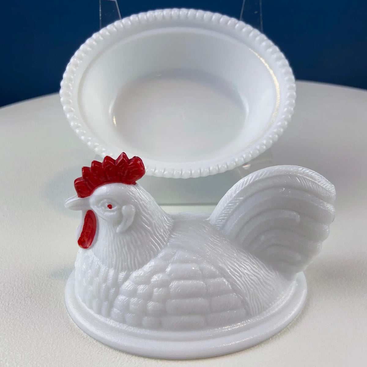 Milk Glass Rooster Covered Bowl | Lidded Butter Dish | 5.5 Inches | White