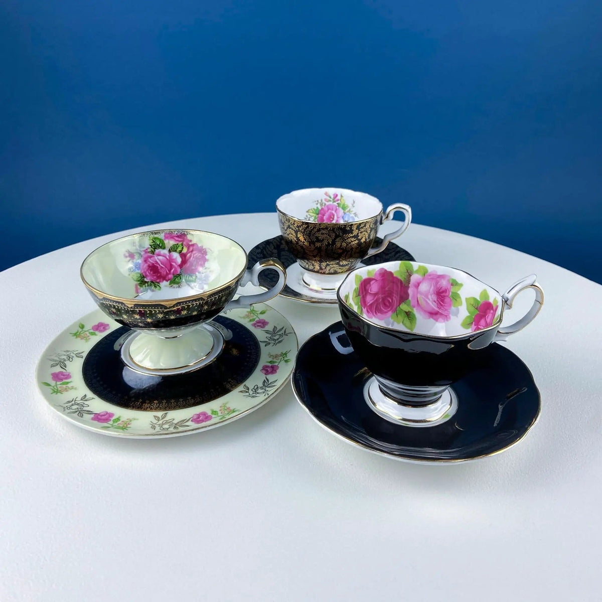 Antique Lefton Black and Gold Tea Cup and Saucer | Hand Painted Rose Motif | Dining Room Decor | Gift for Him or Her