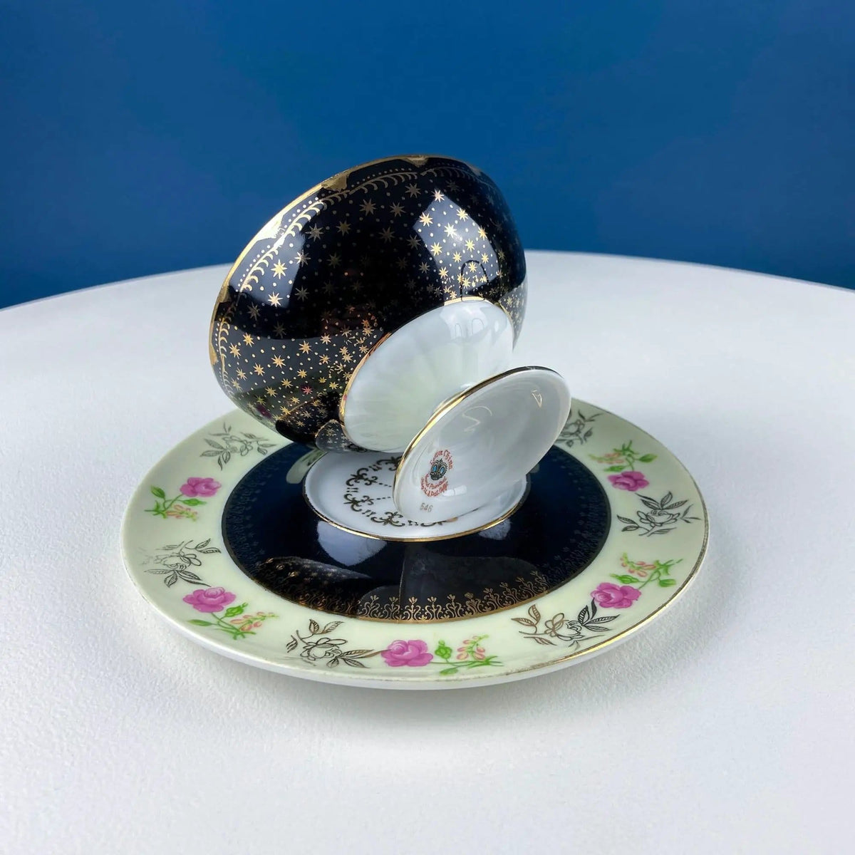 Antique Lefton Black and Gold Tea Cup and Saucer | Hand Painted Rose Motif | Dining Room Decor | Gift for Him or Her