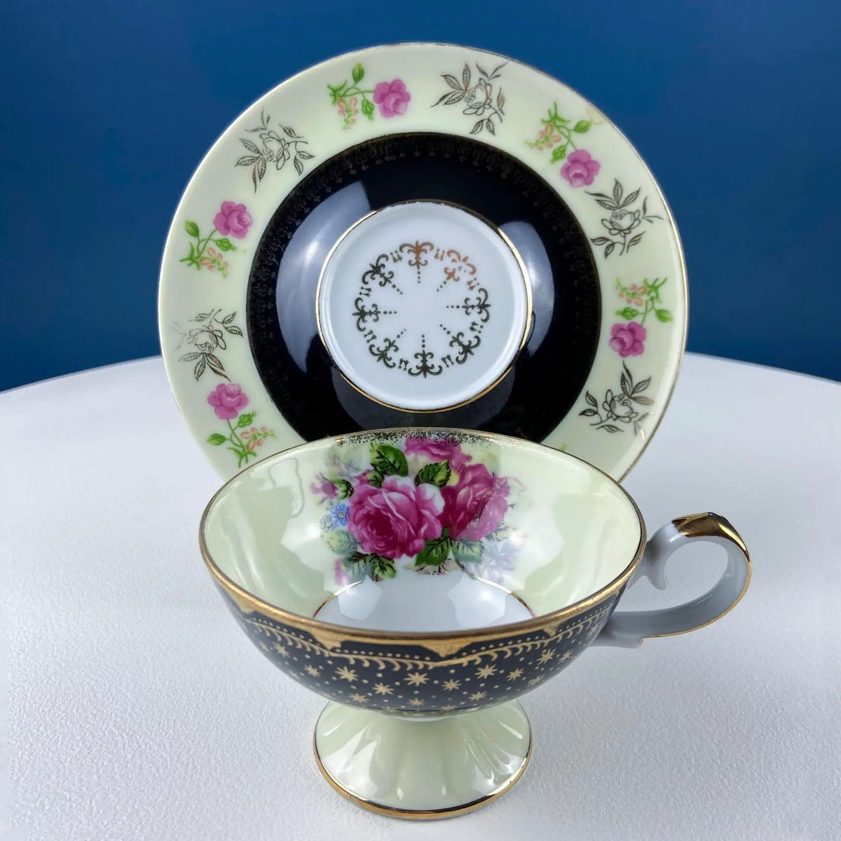 Antique Lefton Black and Gold Tea Cup and Saucer | Hand Painted Rose Motif | Dining Room Decor | Gift for Him or Her
