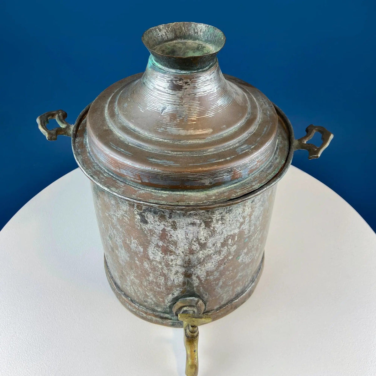 Hand Pounded Tin Copper Turkish Beverage Dispenser with Brass Spigot & Handles | Rustic Jug | Collectible Vintage | Collectors & Hosts