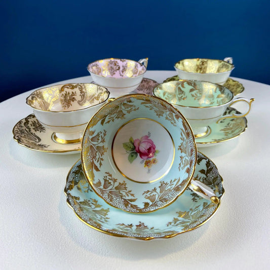 Five Piece Collection of Pastel Colored Vintage Paragon Cups & Saucers | Stunning Rich Design with Rose Motif and Gold Borders | Fine Dining | Collectors & Hosts