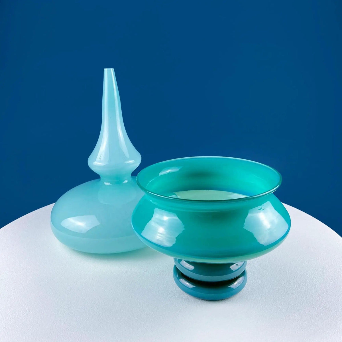 Set of 2 Modern Aqua Blue Geometrical Vases Ornamental Art Glass | Home Office or Retail Decor | Interior Design Ideas | Gift for Him or Her