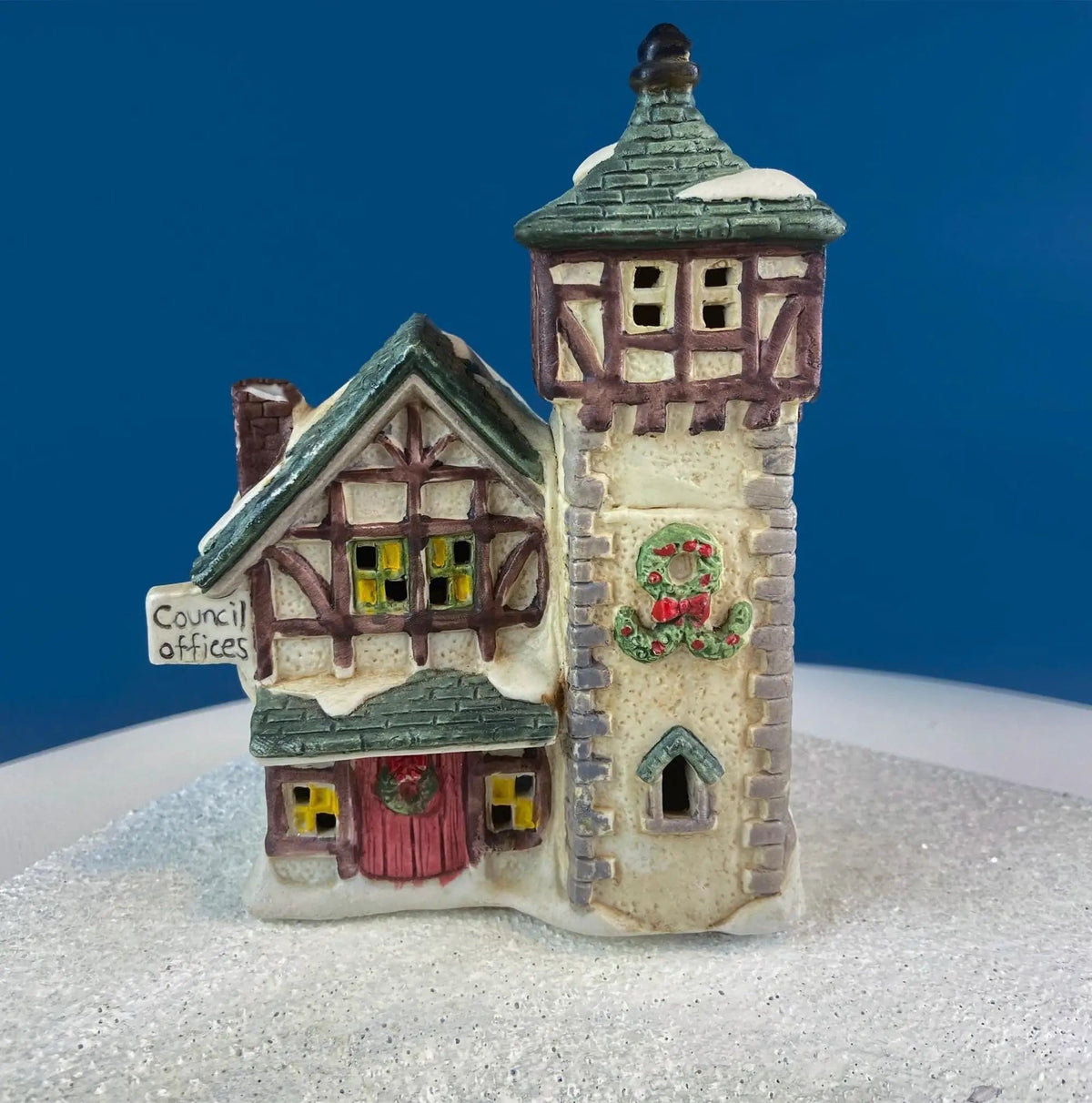 Christmas Village Collection of Small Illuminated Houses | Set of 4 Bldgs: Mill, 2 Churches, Train St., Council Offices, 2 Sheep and 3 Pines | Collectible Vintage | Collectors & Hosts