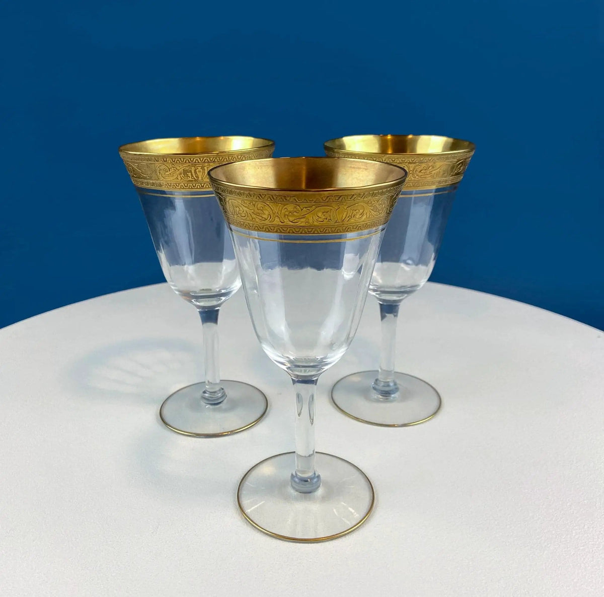 Antique Tiffin Franciscan Wine Goblets with Embossed Gold Rims | Set of 5 Faceted Mid Century Stemware | 24K Gold | Gift for Him Her