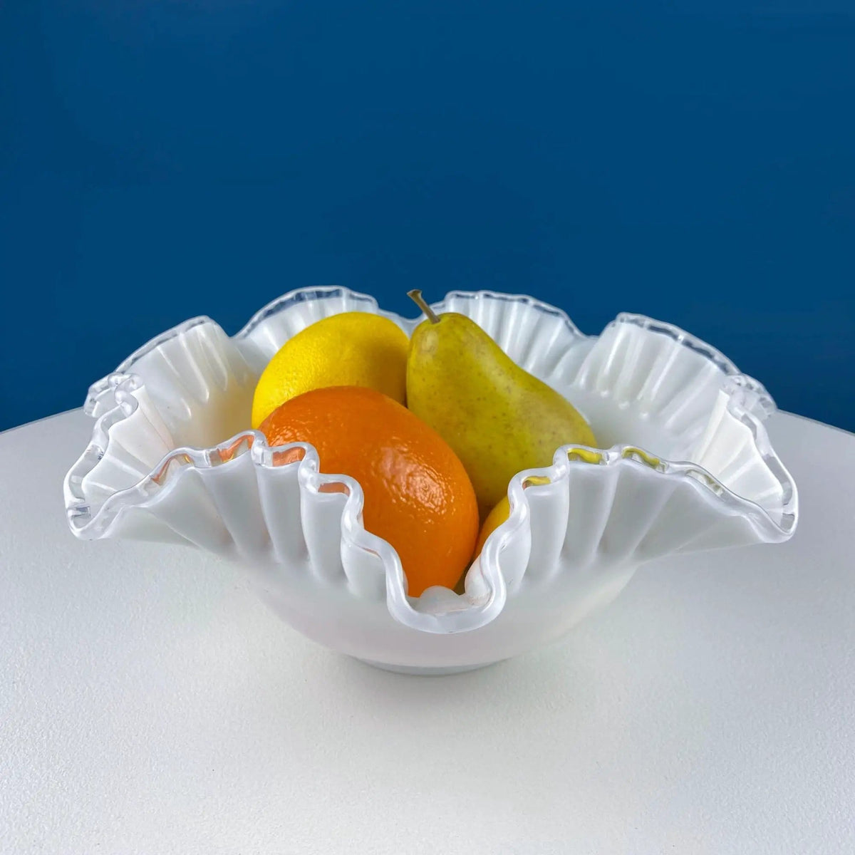 Large Silvercrest Bowl with Ruffled Edge | White Glass Fruit Bowl or Serving Dish with Clear Brim | Table Centerpiece | Collectors & Hosts