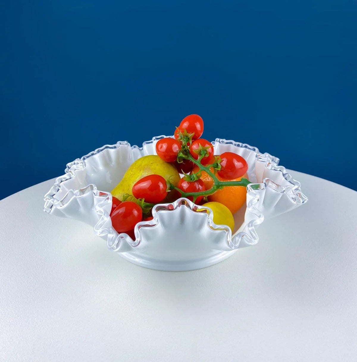 Large Silvercrest Bowl with Ruffled Edge | White Glass Fruit Bowl or Serving Dish with Clear Brim | Table Centerpiece | Collectors & Hosts