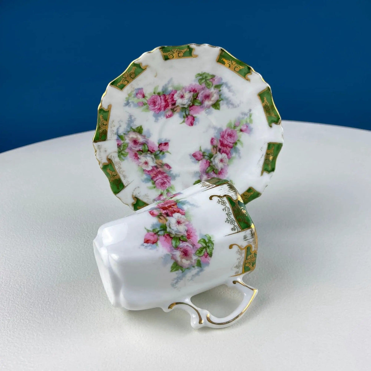 Antique Hot Chocolate or Coco Serving Set | Wild Roses Motif | Oval Hand-Painted Tray & Five Matching Cups | Gift for Mom