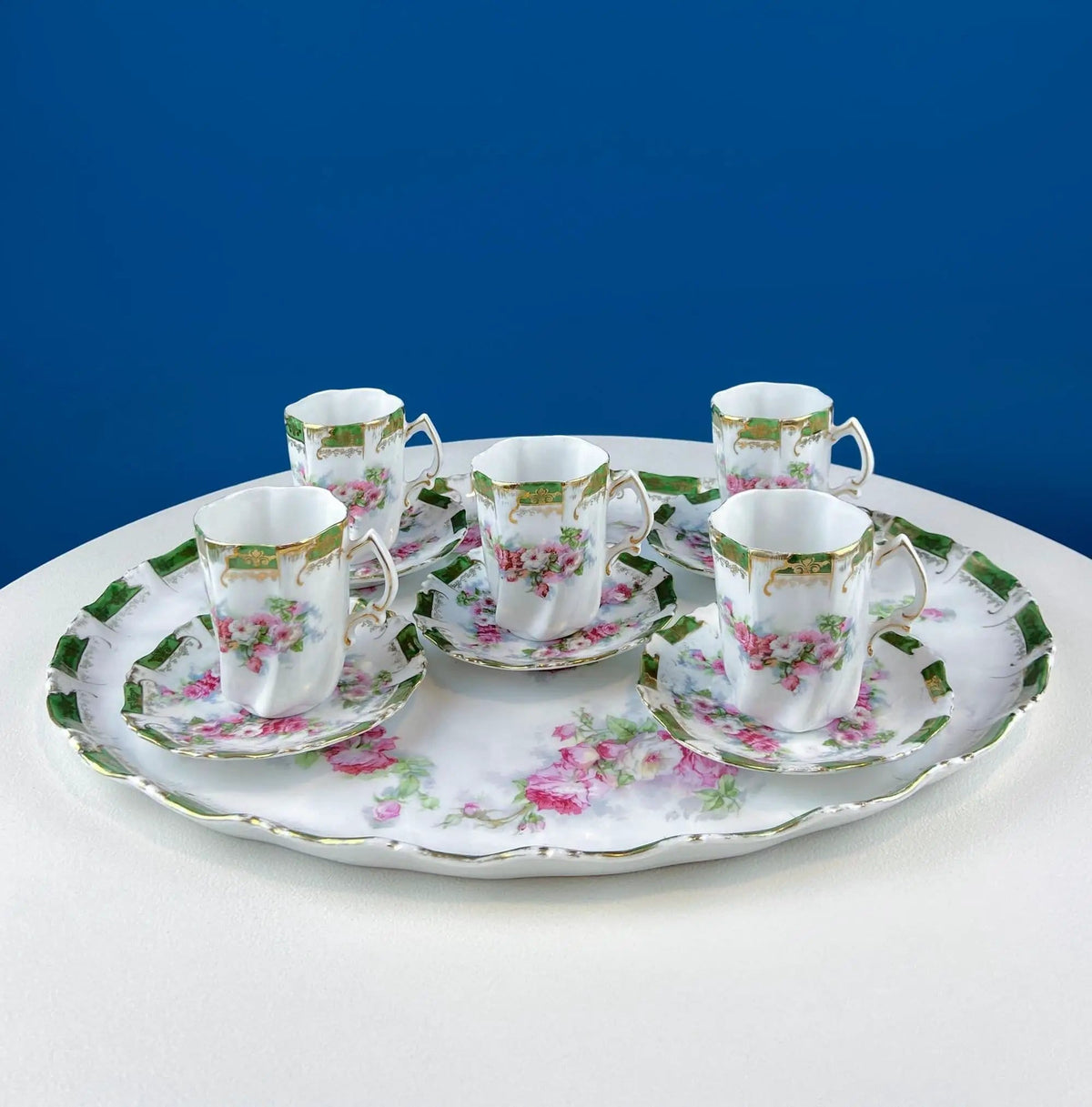Antique Hot Chocolate or Coco Serving Set | Wild Roses Motif | Oval Hand-Painted Tray & Five Matching Cups | Gift for Mom