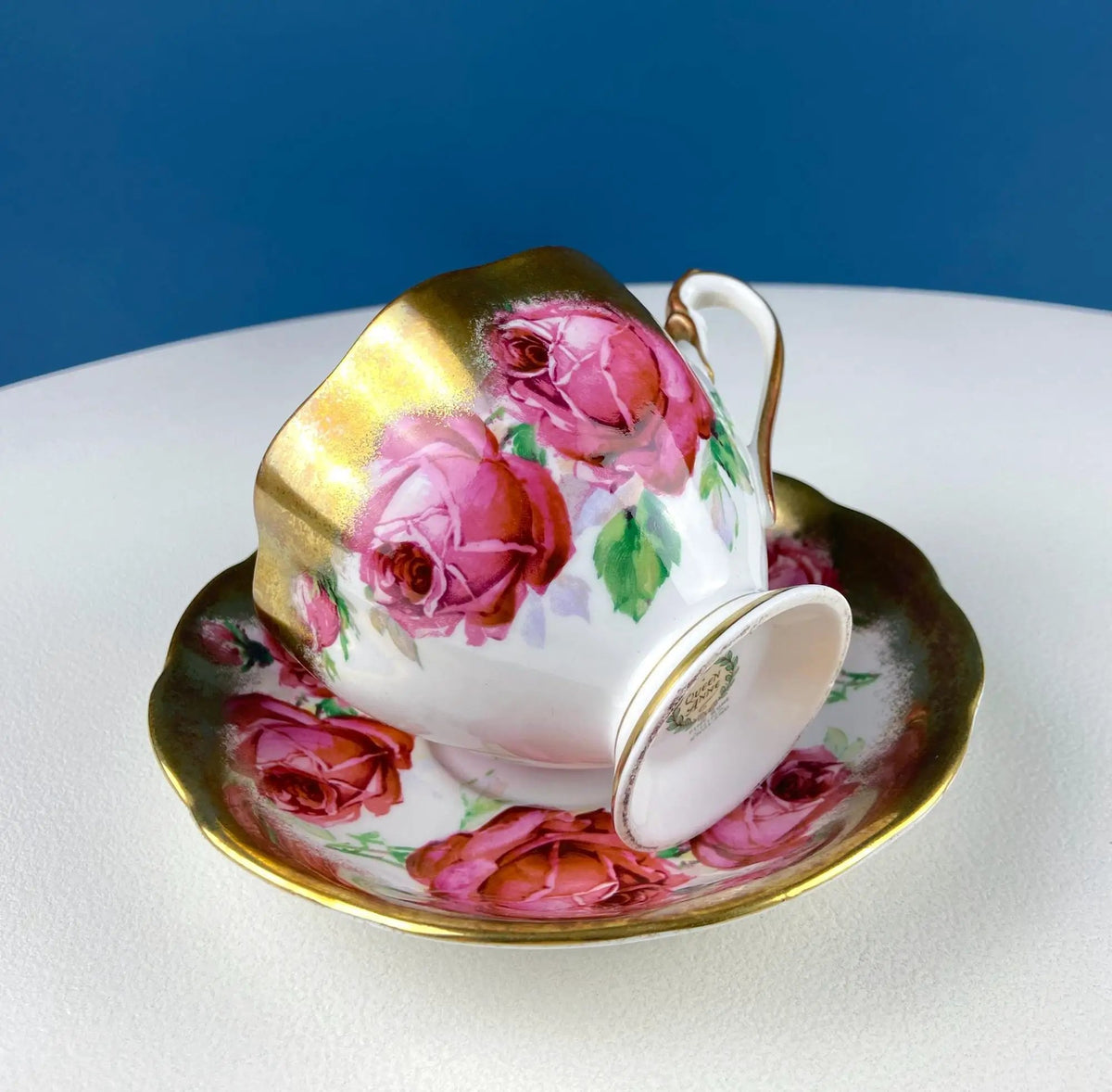 Teacup And Saucer | Large Red Roses | Gold Rim | Queen Anne Fine China