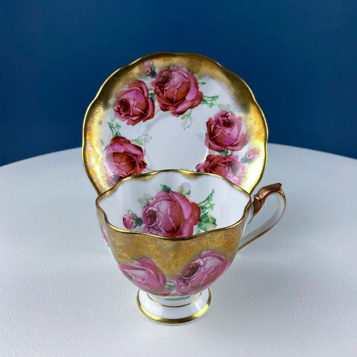 Teacup And Saucer | Large Red Roses | Gold Rim | Queen Anne Fine China