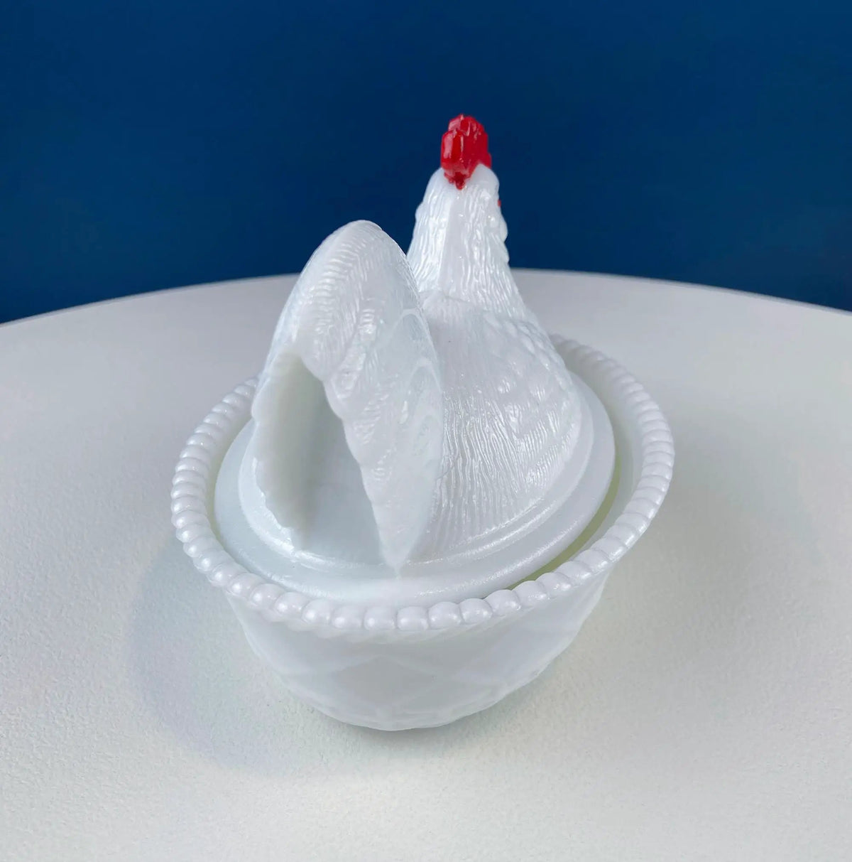 Milk Glass Rooster Covered Bowl | Lidded Butter Dish | 5.5 Inches | White