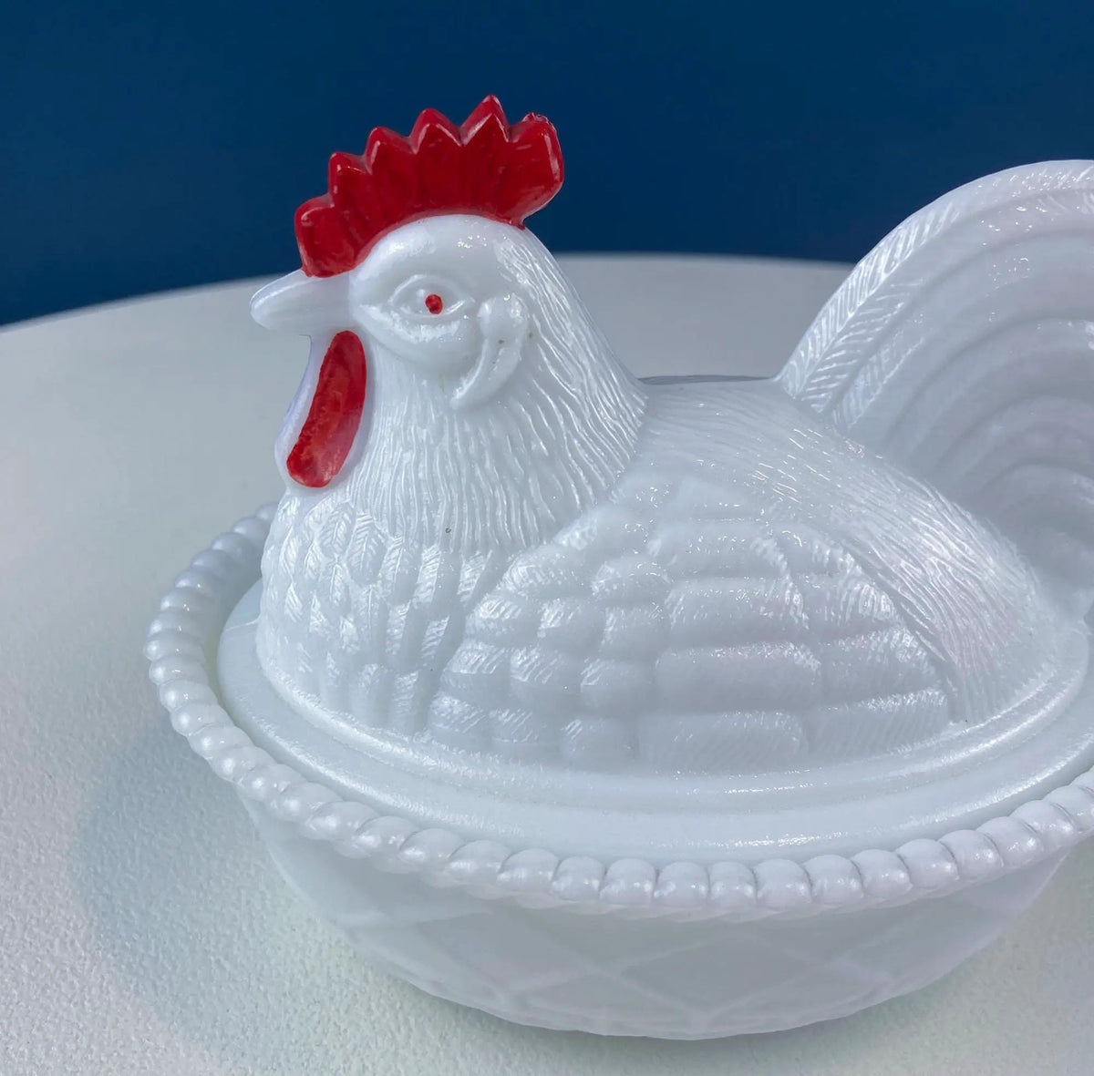 Milk Glass Rooster Covered Bowl | Lidded Butter Dish | 5.5 Inches | White