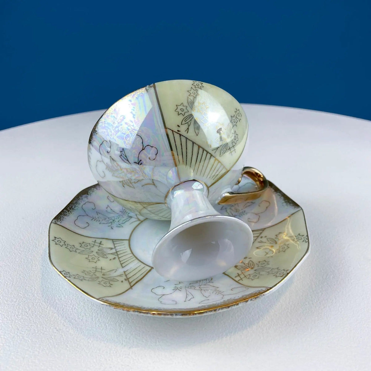 Vintage Pearlescent Tea Cups and Saucers with Light Yellow & Gold Accents | Set of 2 Cups | Slightly Different Silhouettes | Gift for Couple