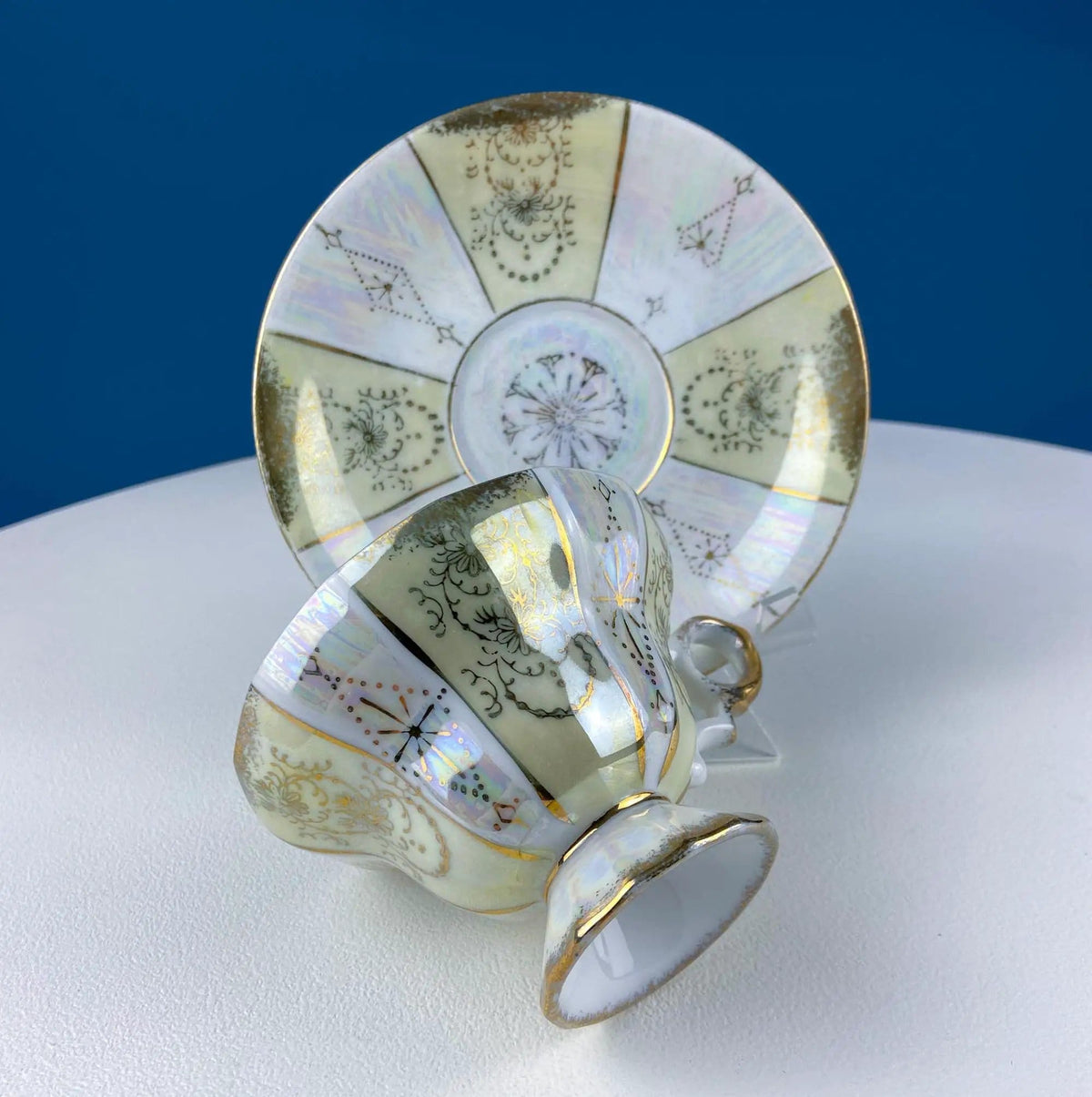 Vintage Pearlescent Tea Cups and Saucers with Light Yellow & Gold Accents | Set of 2 Cups | Slightly Different Silhouettes | Gift for Couple