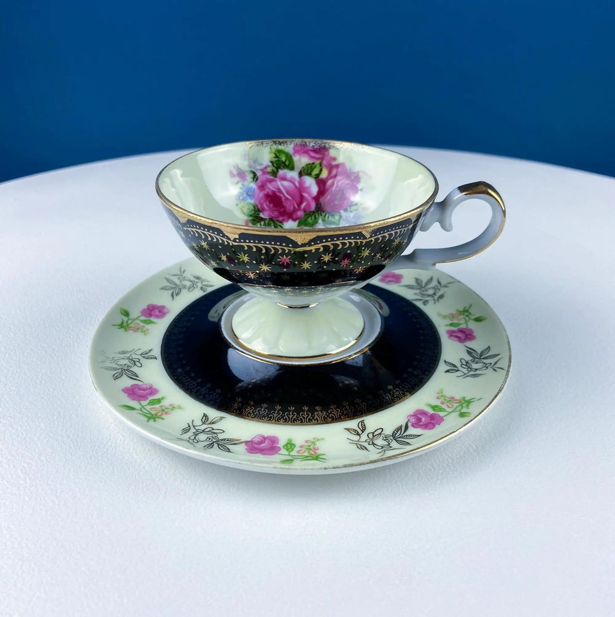Antique Lefton Black and Gold Tea Cup and Saucer | Hand Painted Rose Motif | Dining Room Decor | Gift for Him or Her