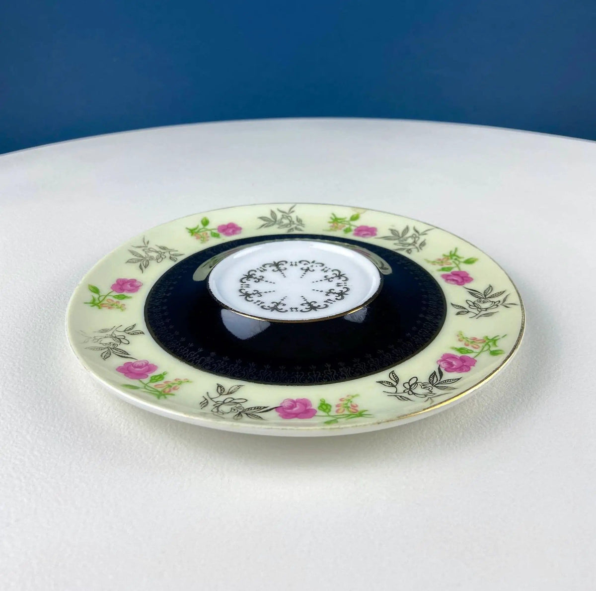 Antique Lefton Black and Gold Tea Cup and Saucer | Hand Painted Rose Motif | Dining Room Decor | Gift for Him or Her