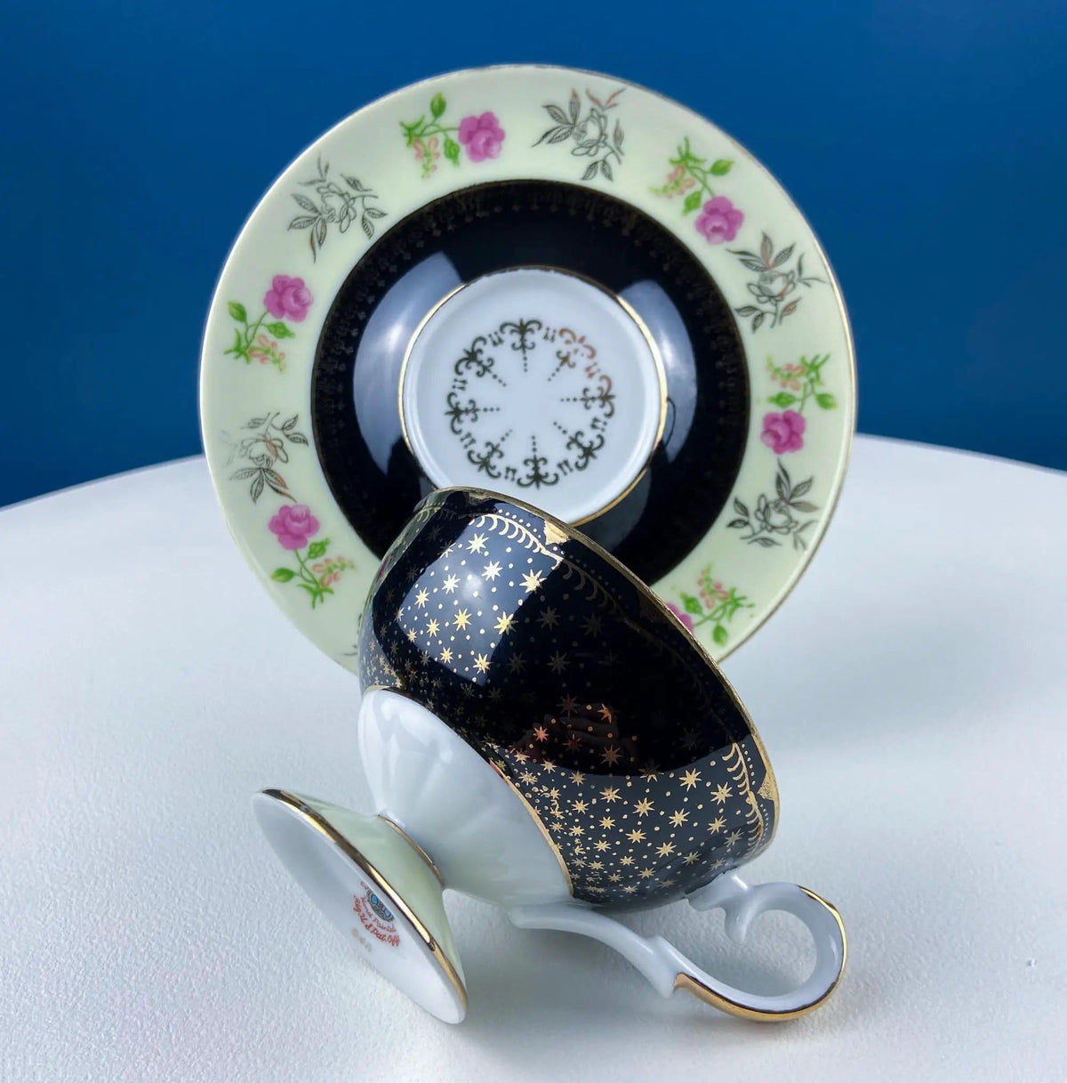 Antique Lefton Black and Gold Tea Cup and Saucer | Hand Painted Rose Motif | Dining Room Decor | Gift for Him or Her