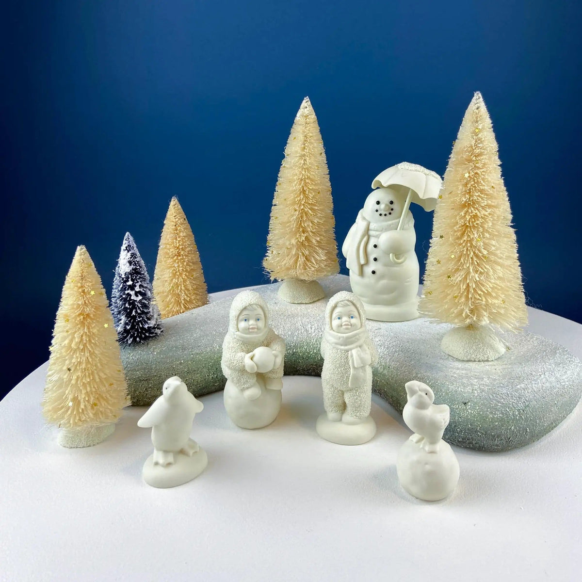 Polar Pals Playing in Snow Under Lit Christmas Tree | 3 White Porcelain Cupid Figurines Celebrating Friendship | Kids Room | Collectors & Hosts
