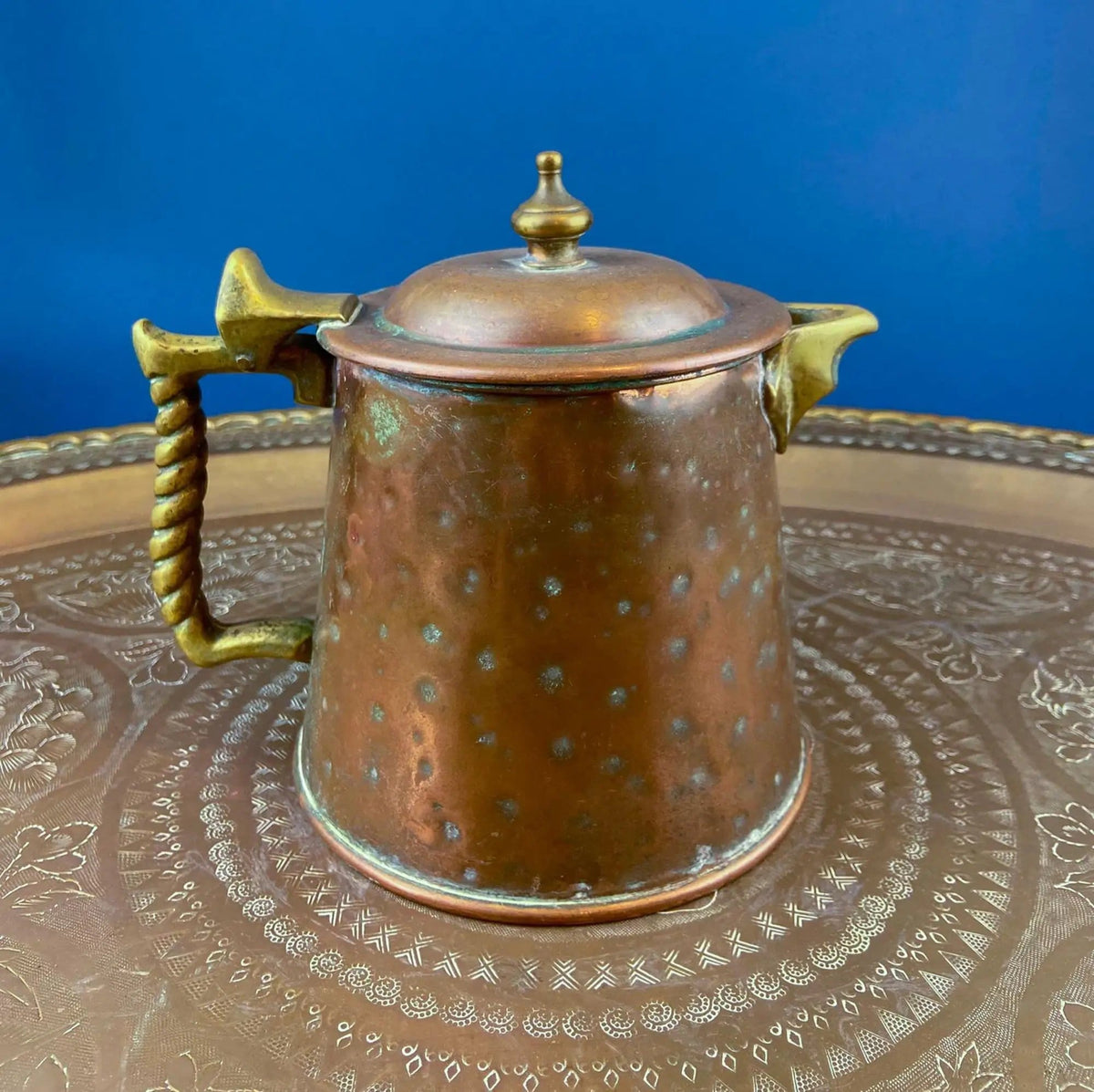 Hand Pounded Tin Copper Turkish Beverage Dispenser with Brass Spigot & Handles | Rustic Jug | Collectible Vintage | Collectors & Hosts