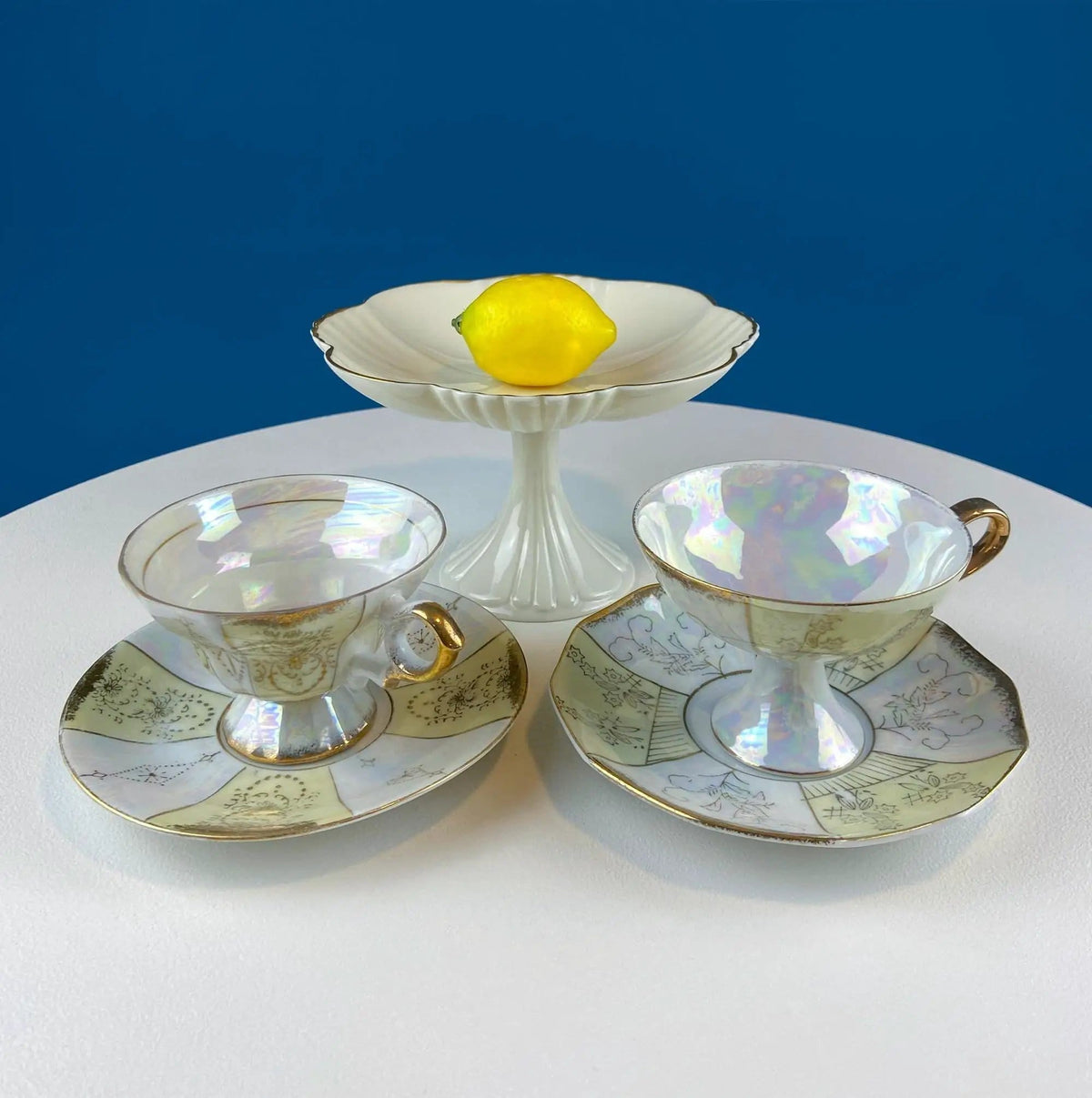 Vintage Pearlescent Tea Cups and Saucers with Light Yellow & Gold Accents | Set of 2 Cups | Slightly Different Silhouettes | Gift for Couple