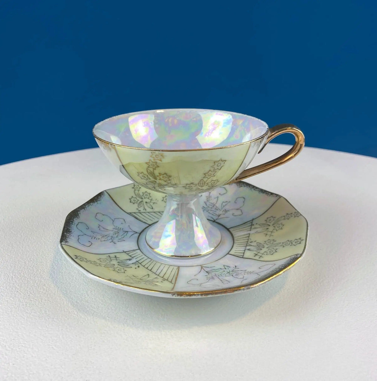Vintage Pearlescent Tea Cups and Saucers with Light Yellow & Gold Accents | Set of 2 Cups | Slightly Different Silhouettes | Gift for Couple