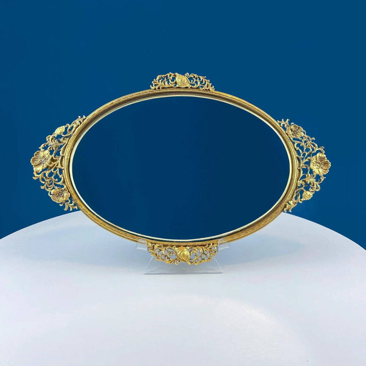 Vintage Gold Dresser Vanity Mirrored Tray | Rich Gilded Metal Tea Rose Oval Frame | Chic Bedroom Bath Perfume Display | Collectors & Hosts
