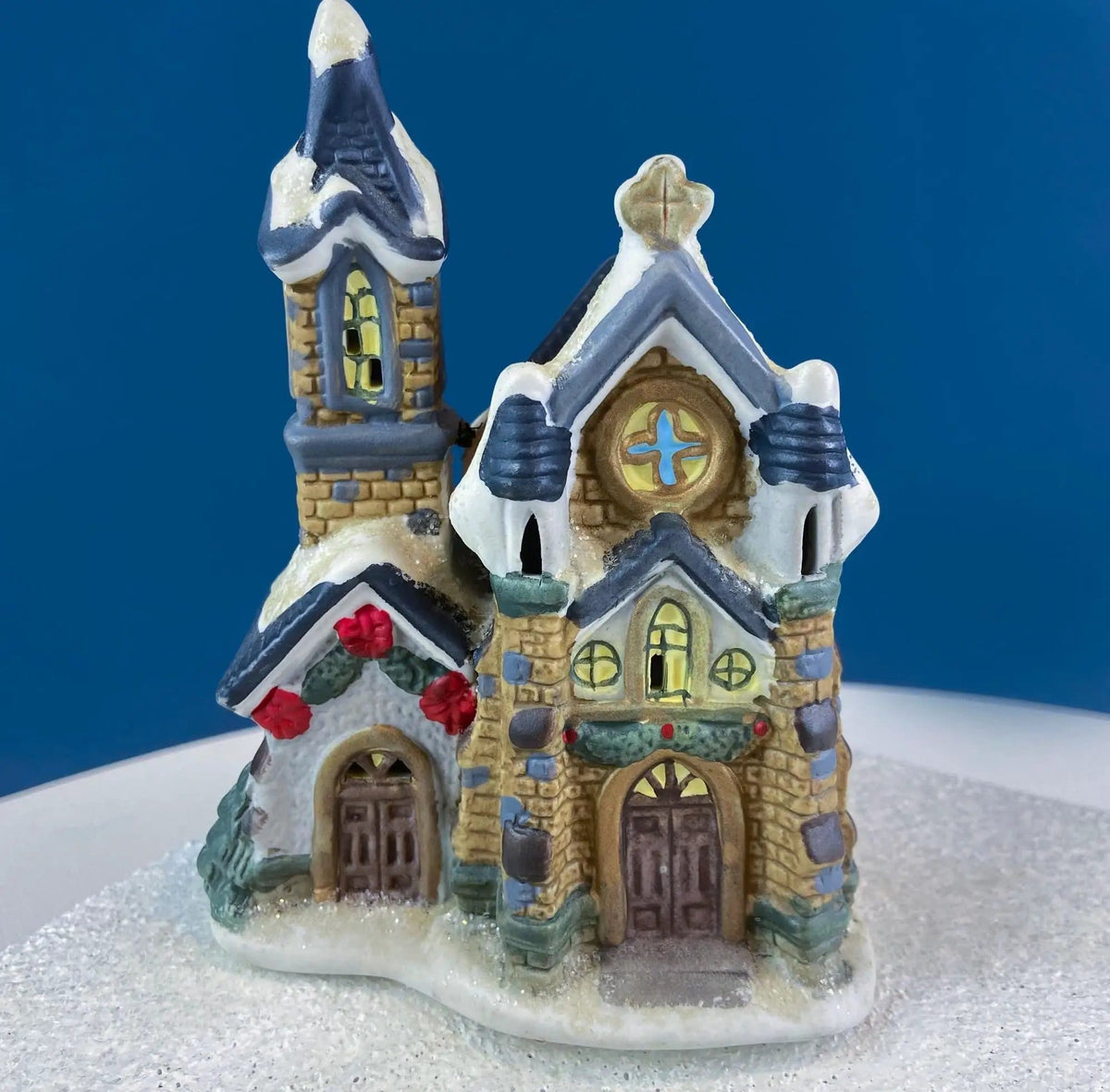 Christmas Village Collection of Small Illuminated Houses | Set of 4 Bldgs: Mill, 2 Churches, Train St., Council Offices, 2 Sheep and 3 Pines | Collectible Vintage | Collectors & Hosts