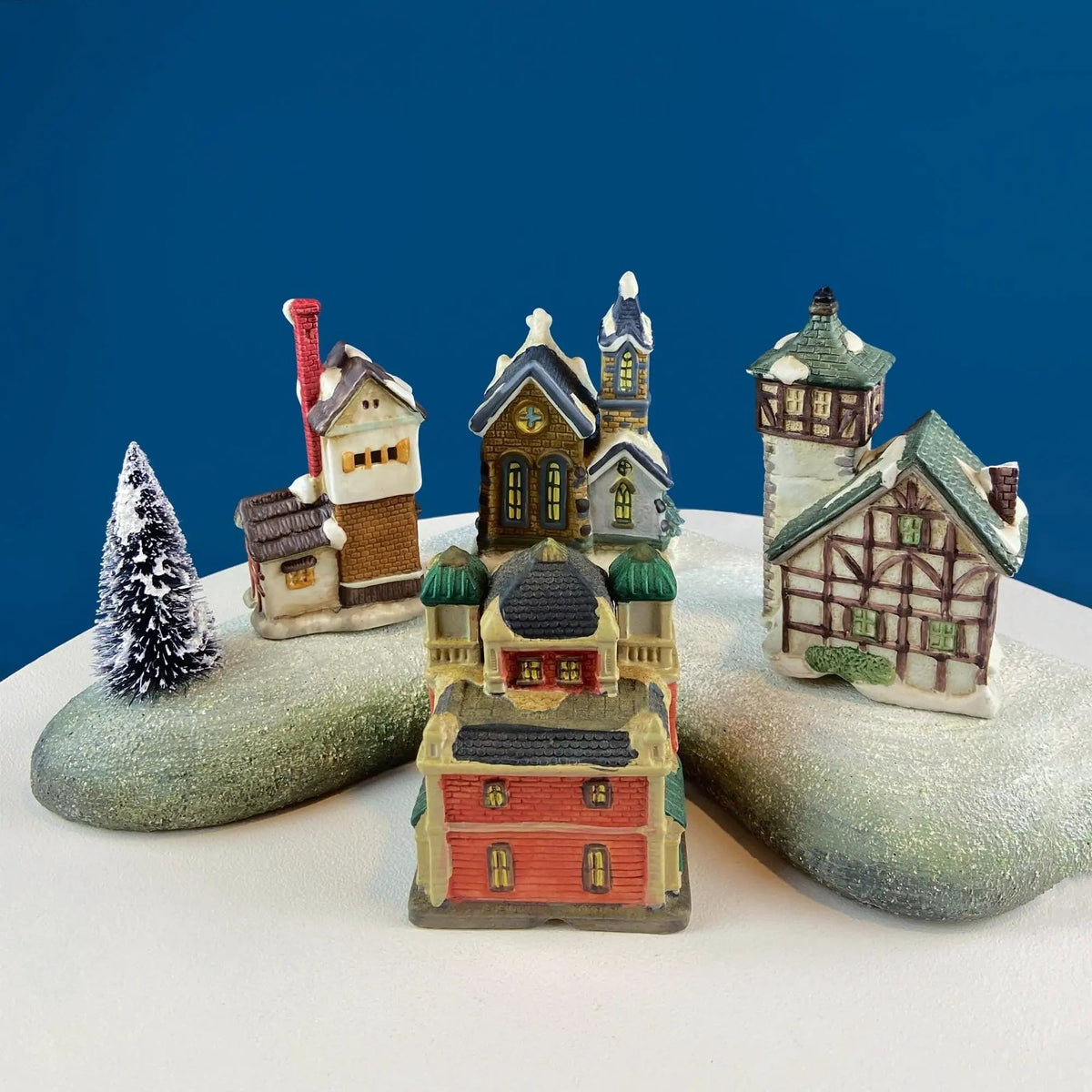 Christmas Village Collection of Small Illuminated Houses | Set of 4 Bldgs: Mill, 2 Churches, Train St., Council Offices, 2 Sheep and 3 Pines | Collectible Vintage | Collectors & Hosts
